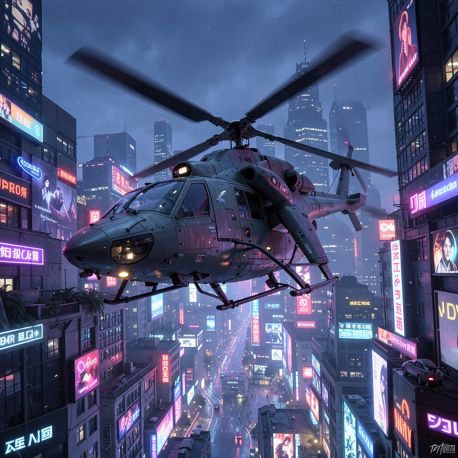 Futuristic military helicopter over neon city