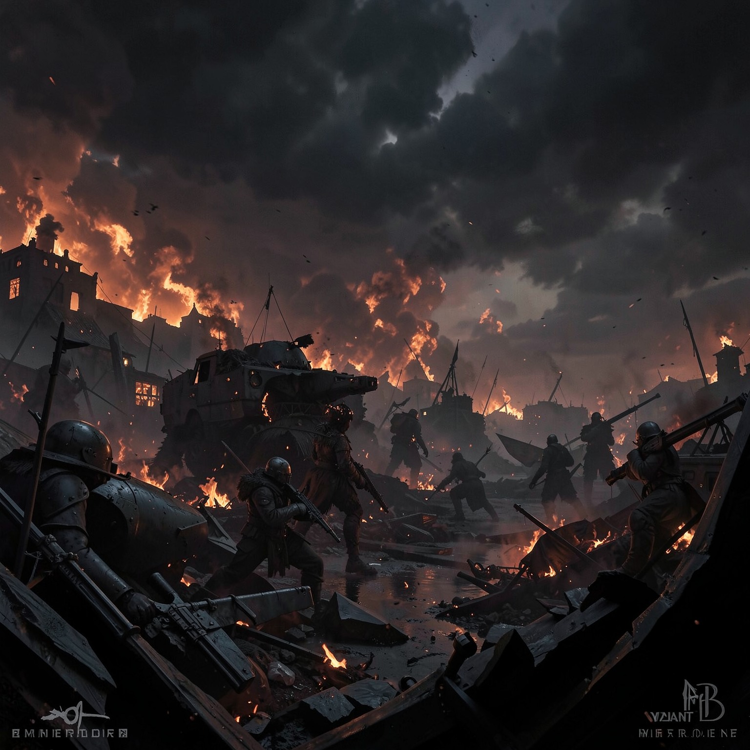 dark fantasy battlefield with burning skies