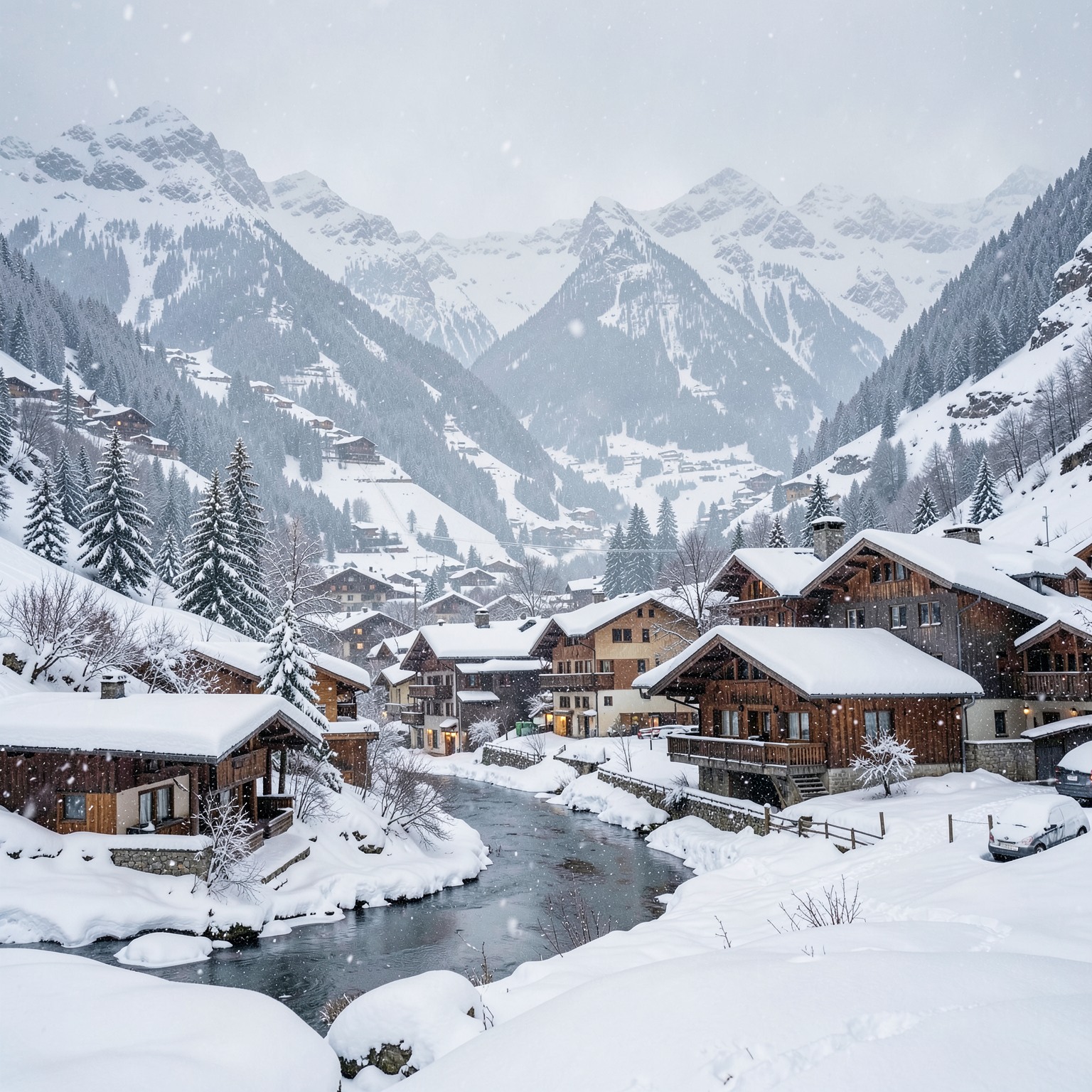 realistic mountain village in Switzerland during winter snowfall