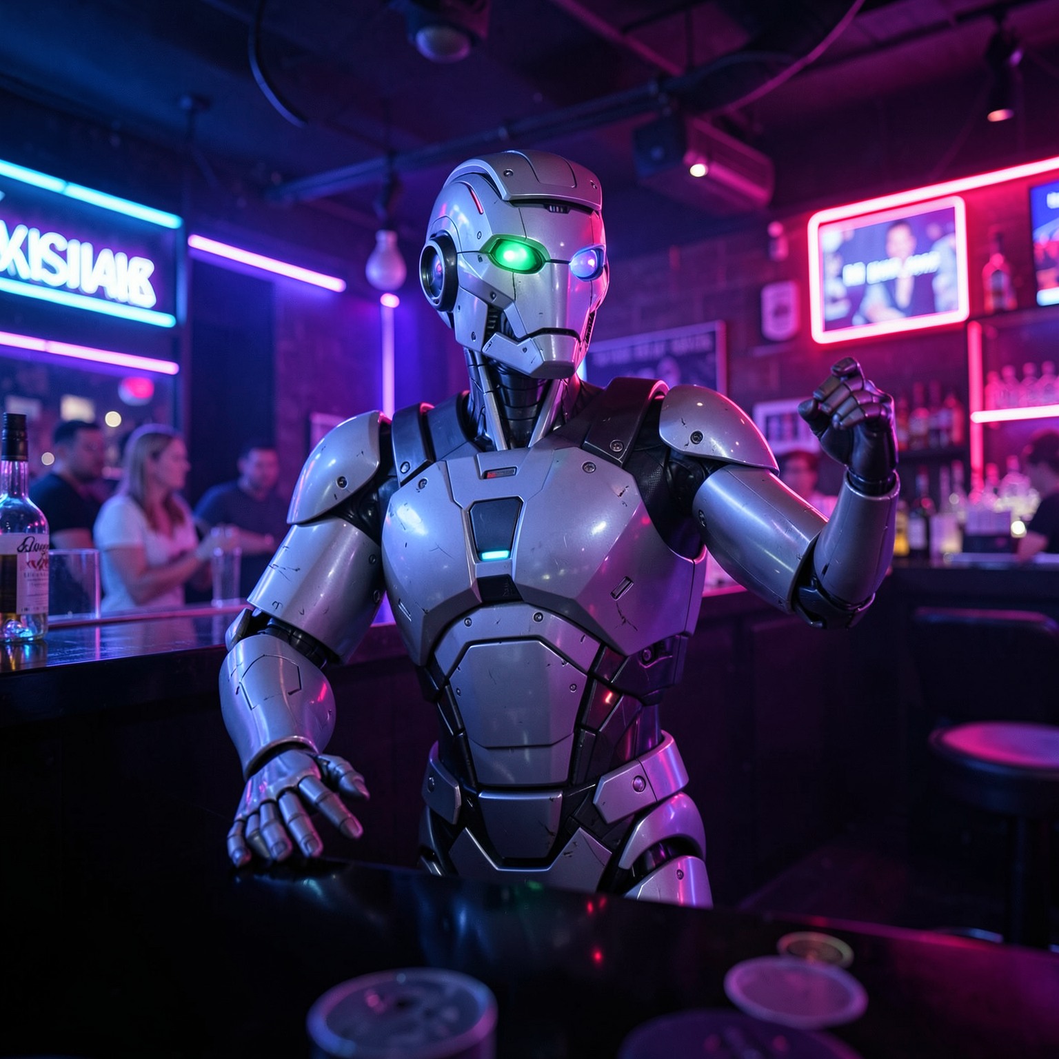 futuristic robot bartender inside neon club