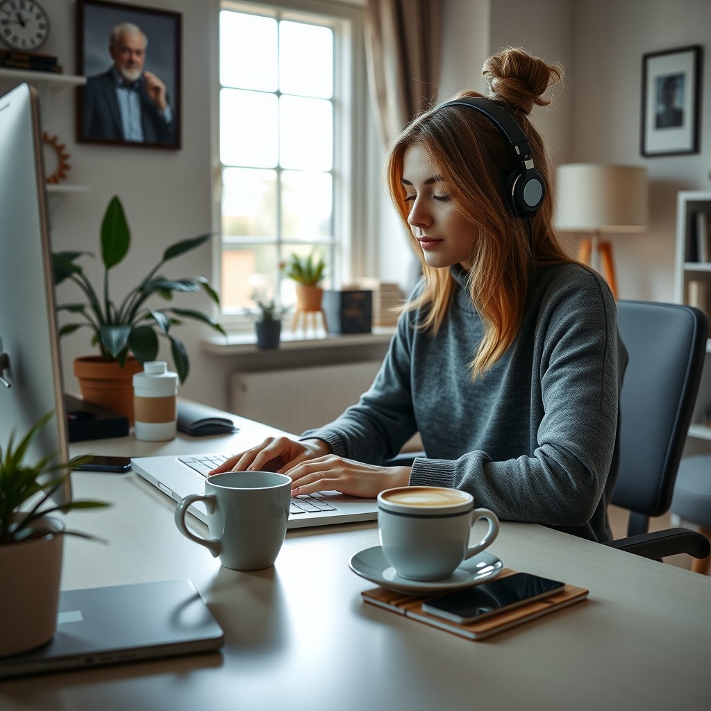 Photo-realistic editorial photography, realistic scene representing a freelancer working from home, coffee cup on desk, natural light