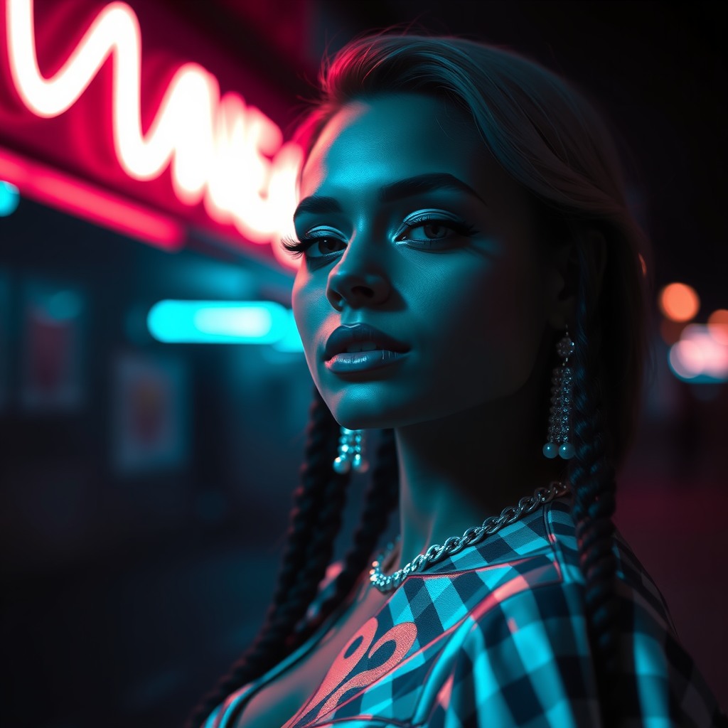 woman, high fashion editorial, neon glow, moody cinematic, wide angle, 85mm portrait lens, bokeh background