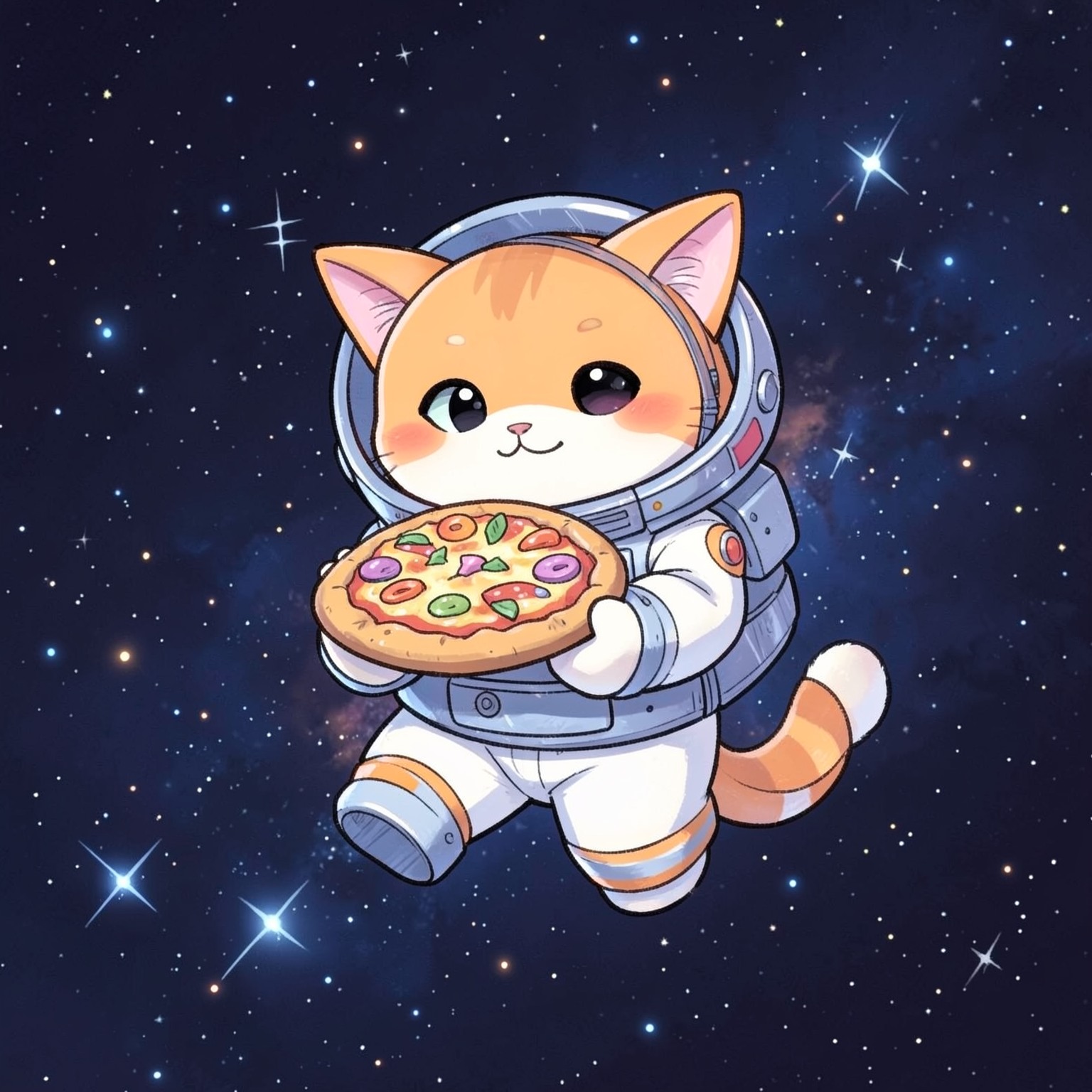cute orange cat astronaut floating in space holding pizza