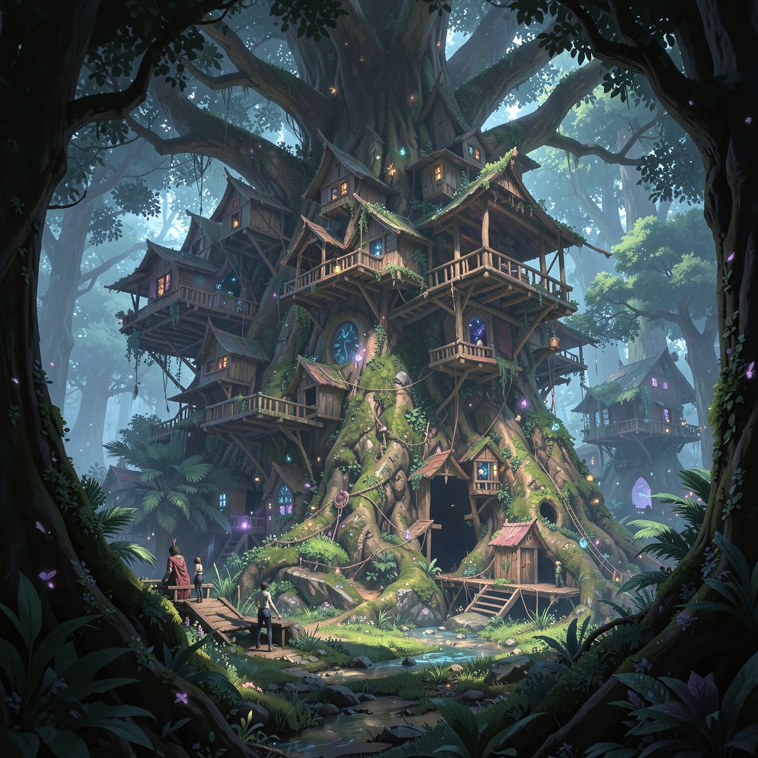 giant tree house village inside magical forest