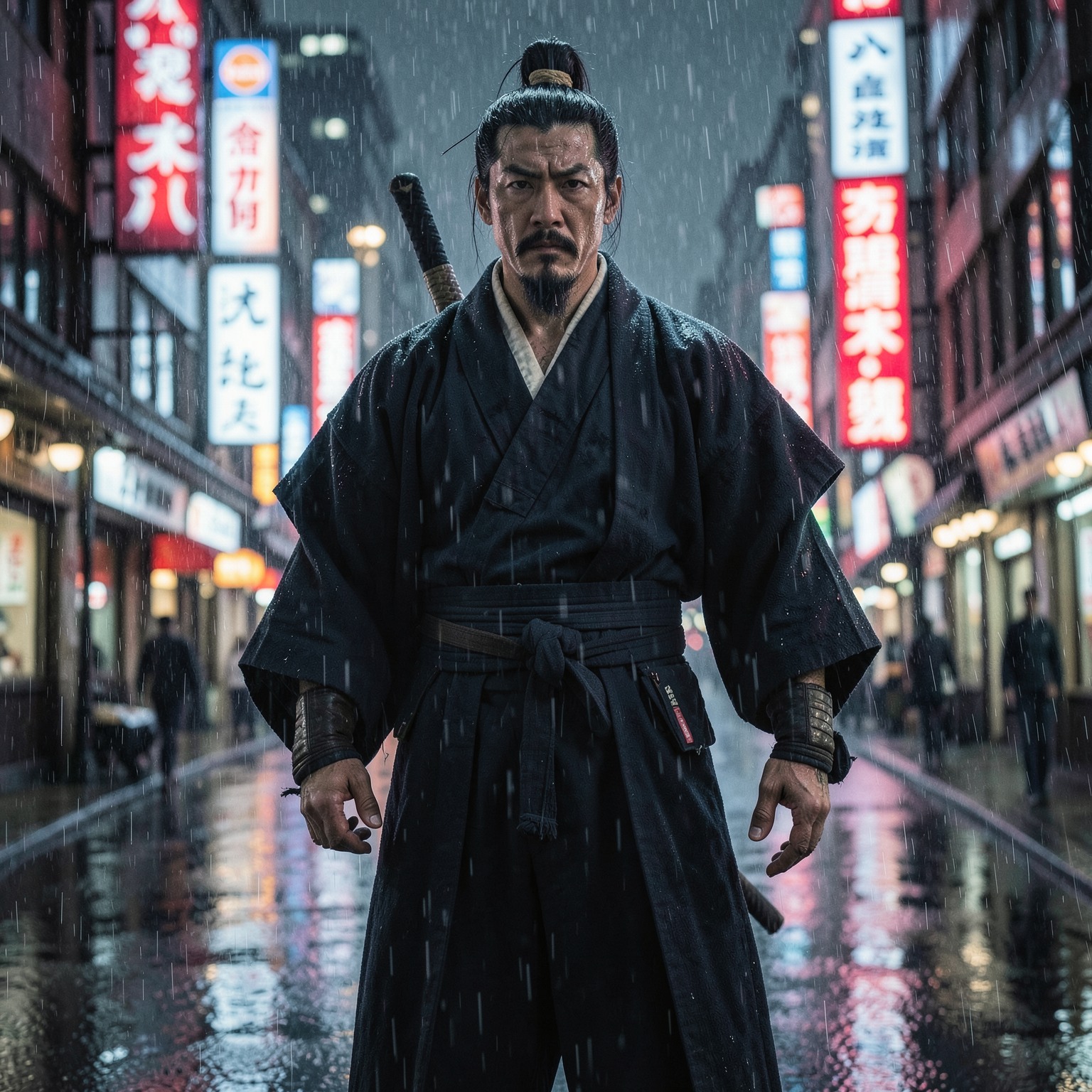 Cinematic samurai standing in the rain, neon Tokyo background