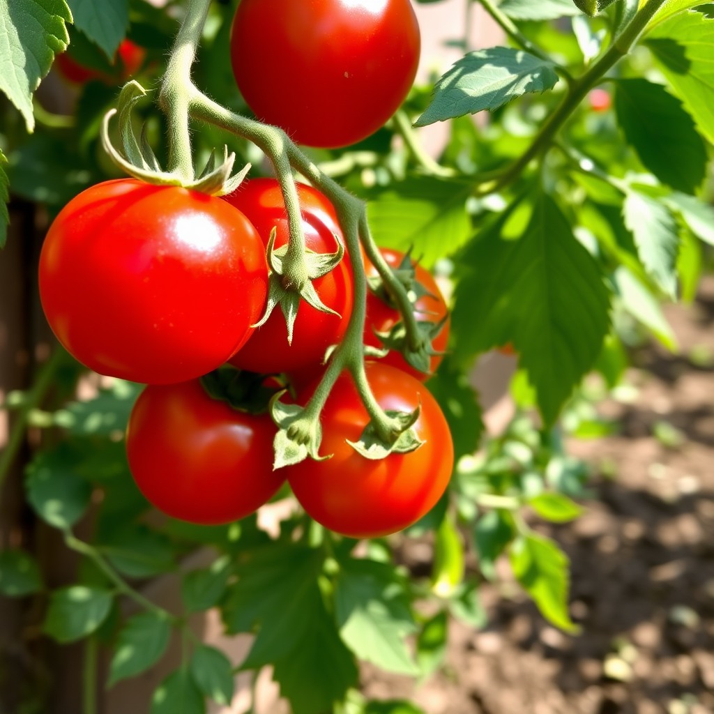 tomatoes on the vine, vibrant red, natural outdoor light
