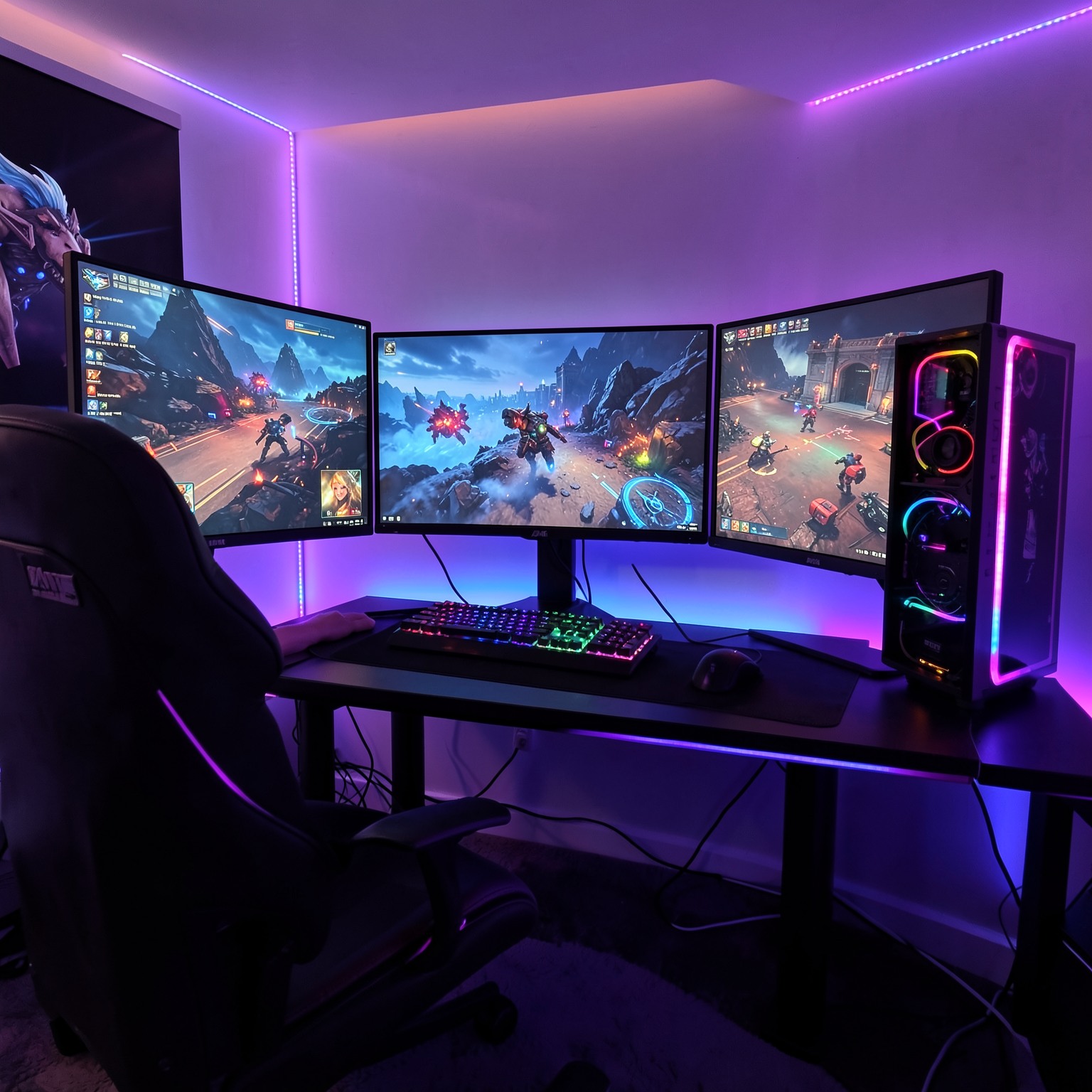 luxury gaming setup with triple monitors and RGB lighting