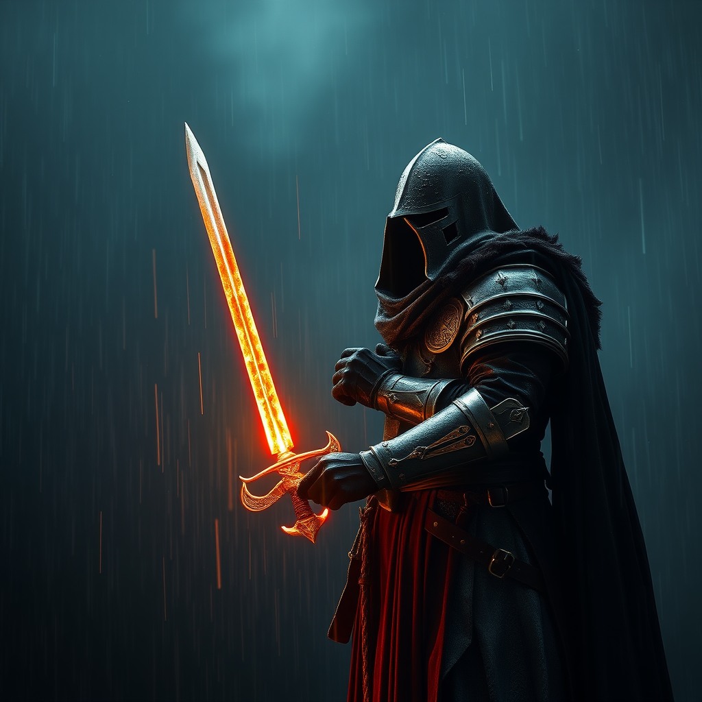 dark medieval knight standing in the rain, glowing sword, dramatic shadows, cinematic realism