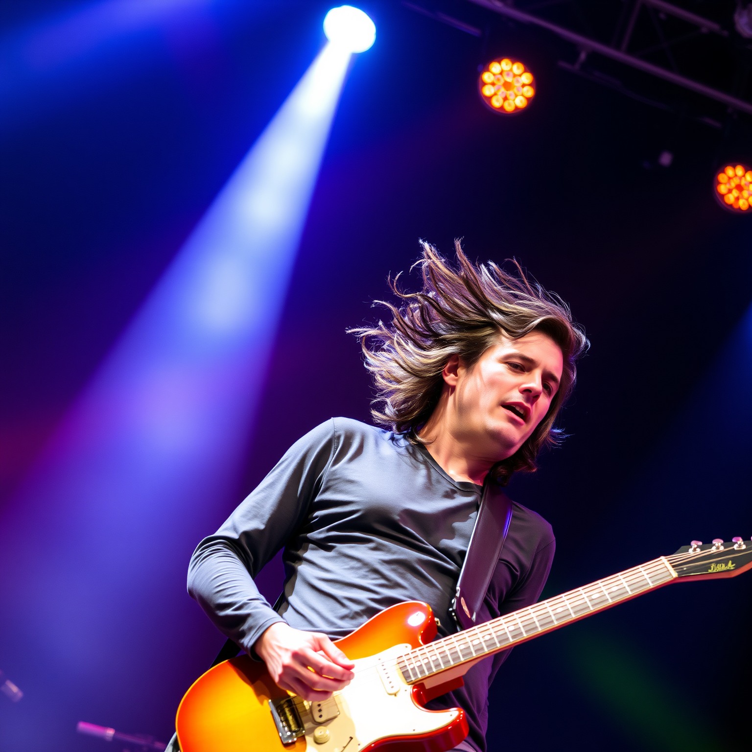 A musician passionately playing an electric guitar on stage with colorful spotlights.
