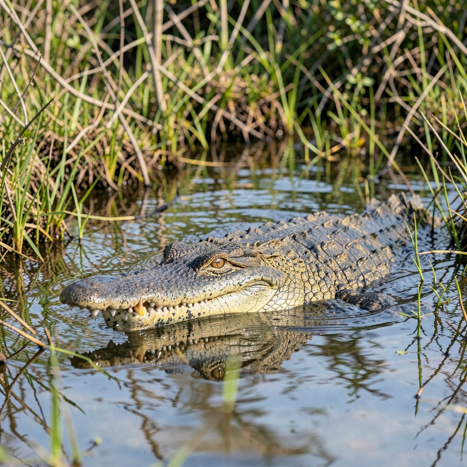 realistic crocodile emerging from swamp water
