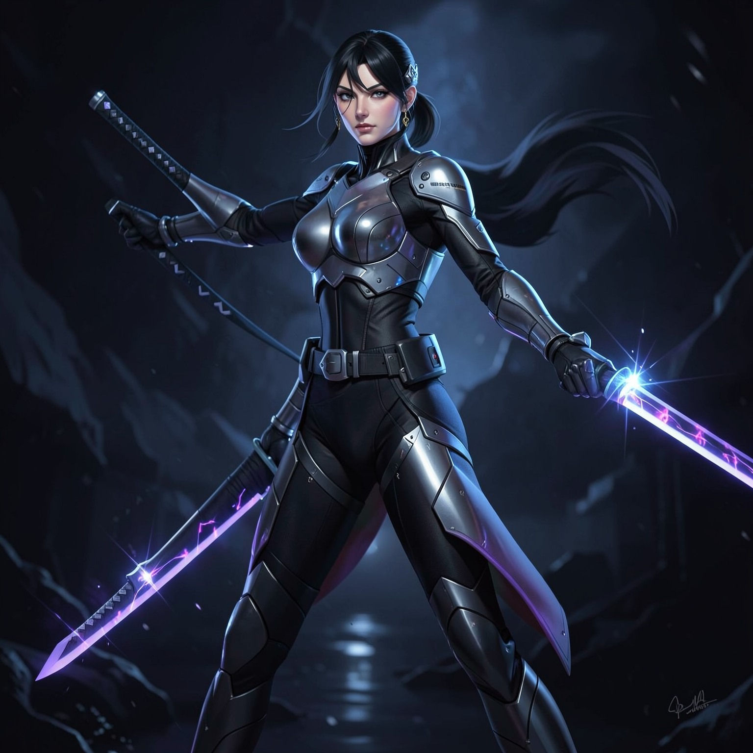 futuristic female assassin with glowing katana