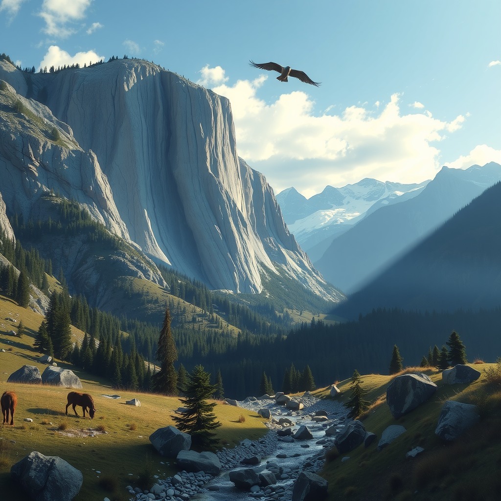 Photo-realistic editorial photography, realistic scene representing wilderness valley