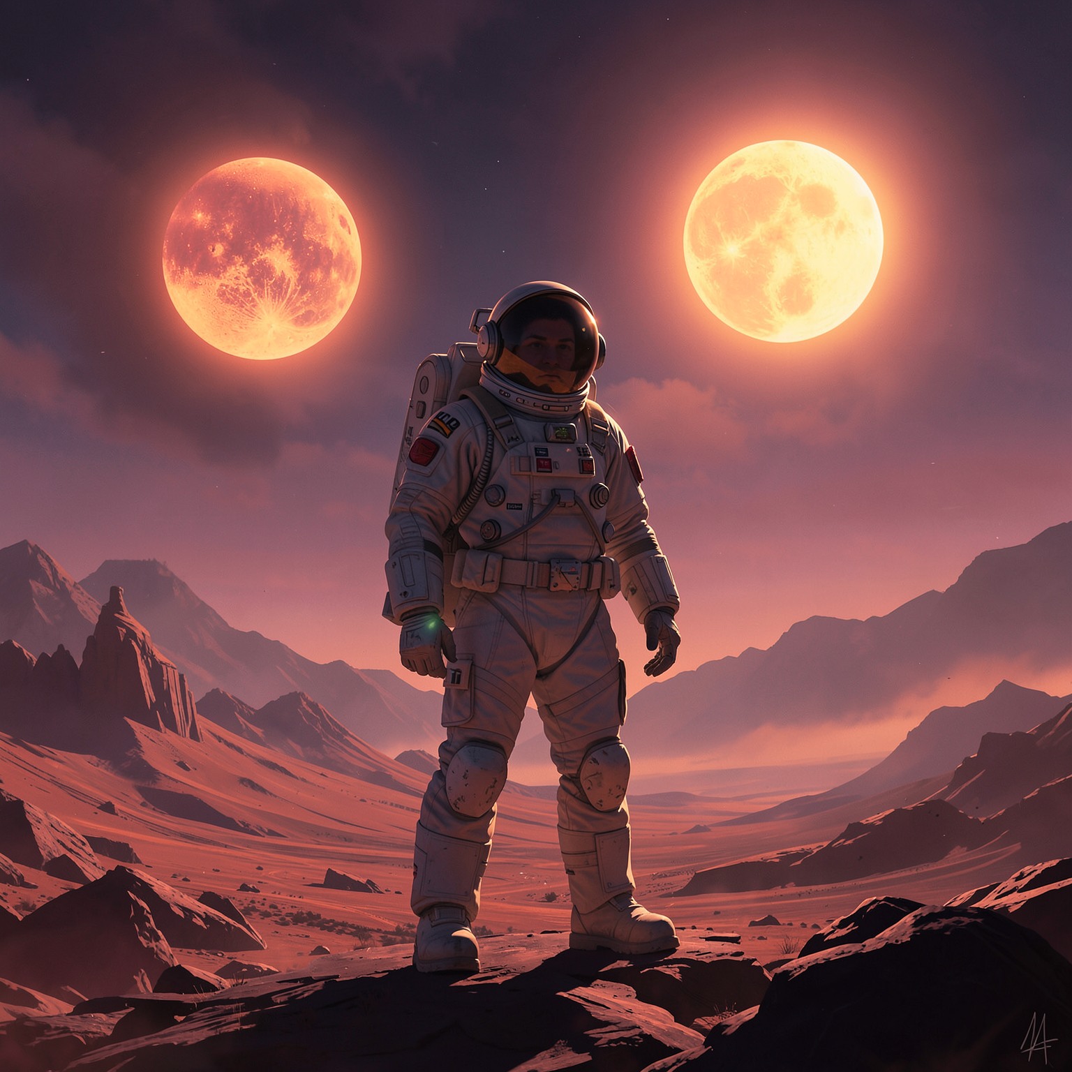 astronaut standing on alien planet with two suns in sky