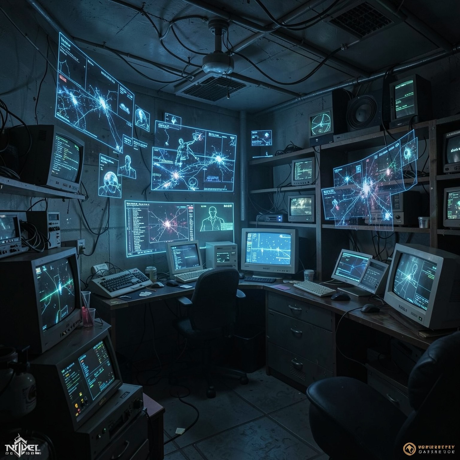 Hacker room filled with holograms and old CRT monitors, cyberpunk atmosphere