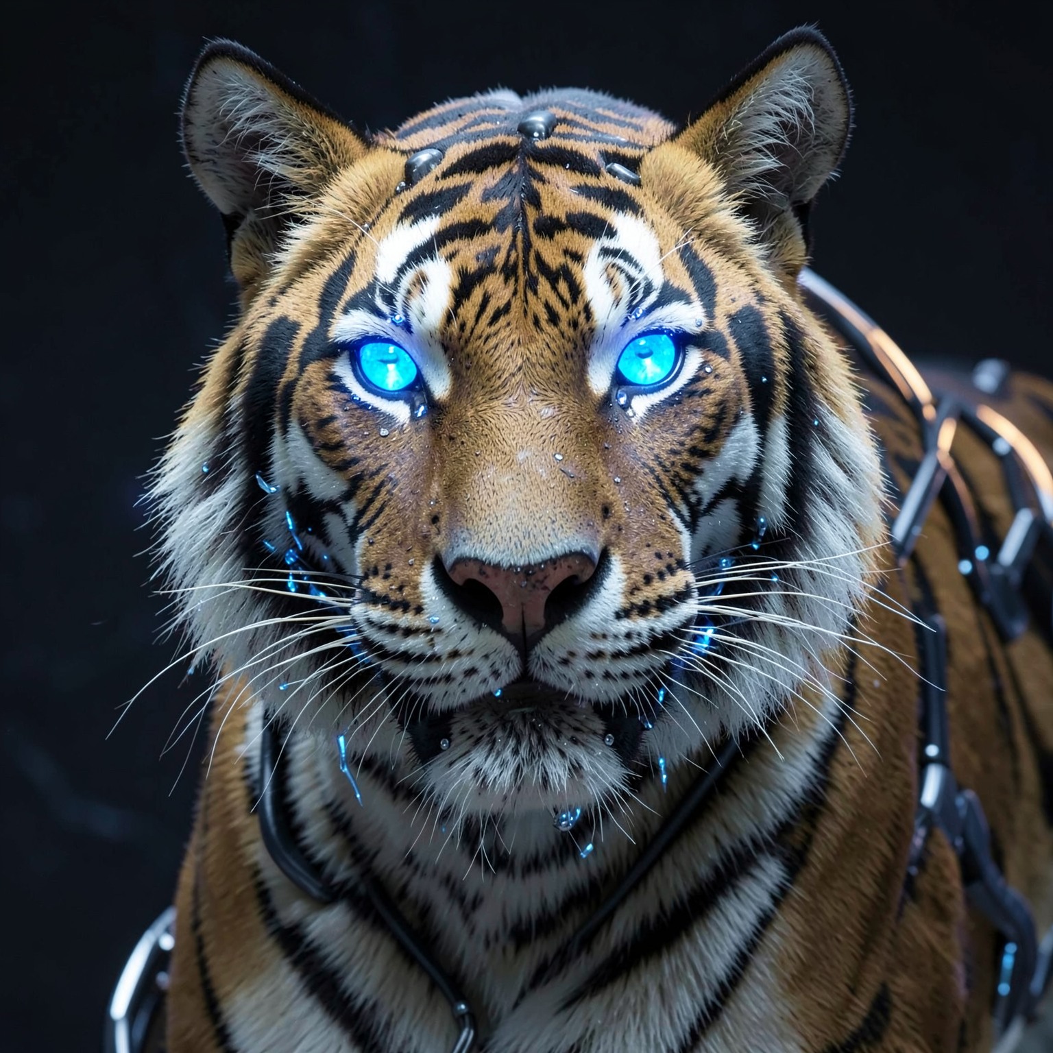 Cybernetic tiger with blue neon eyes