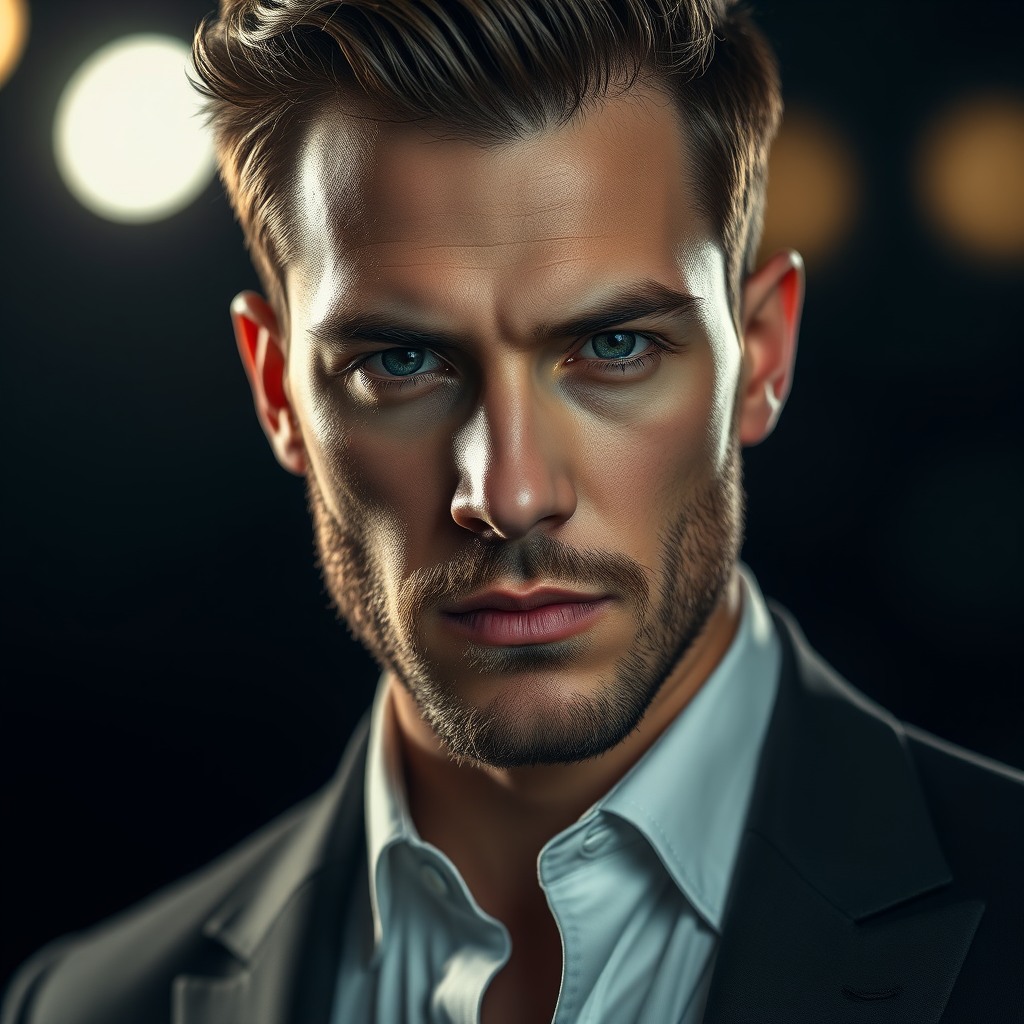 hyperrealistic male portrait, dramatic rim lighting, moody background, high detail, editorial photography