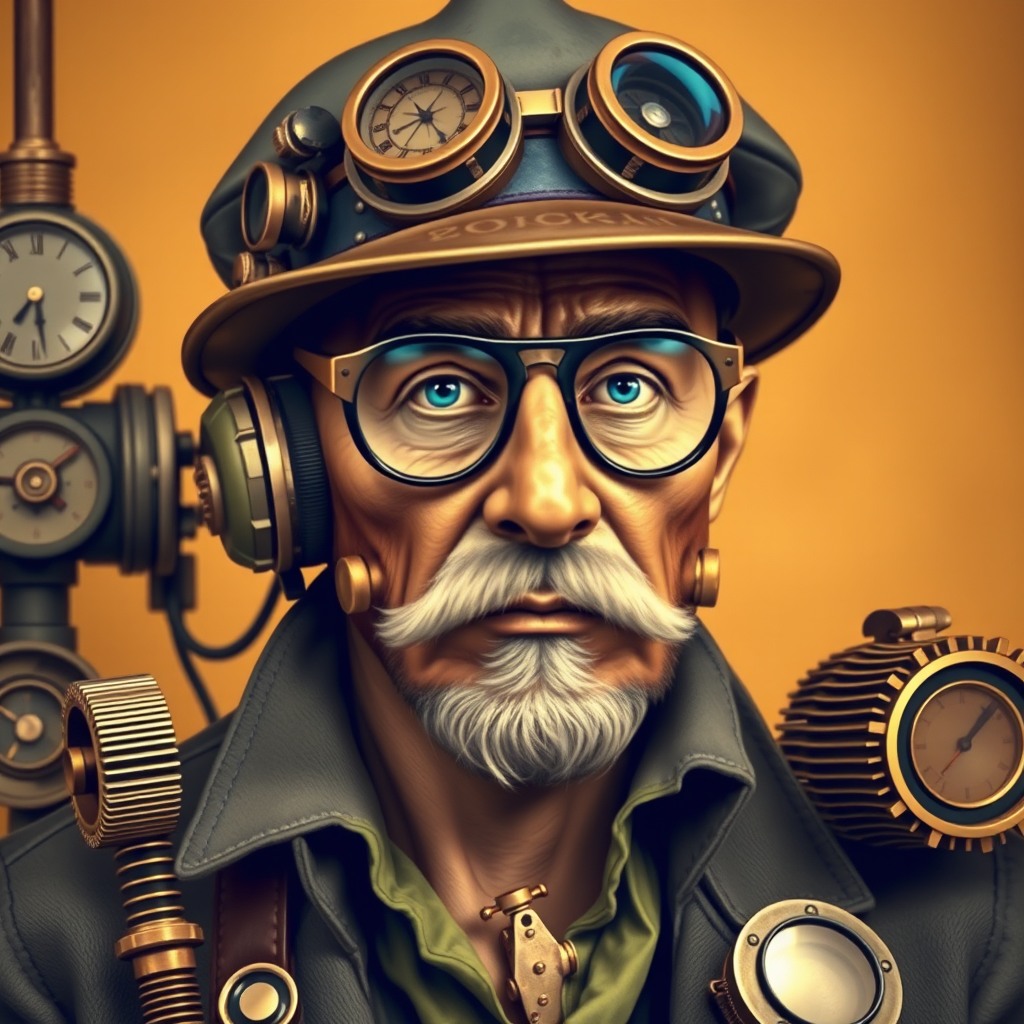 steampunk inventor portrait, brass gadgets, warm tones, ultra detailed