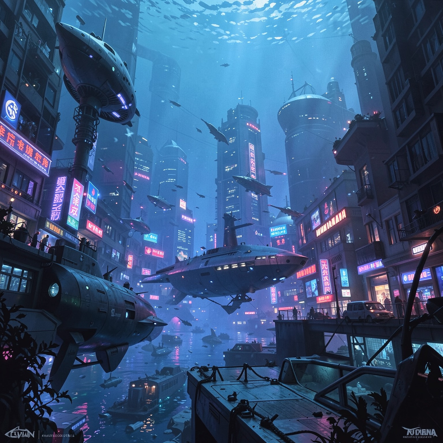 underwater cyberpunk city with neon lights and futuristic submarines