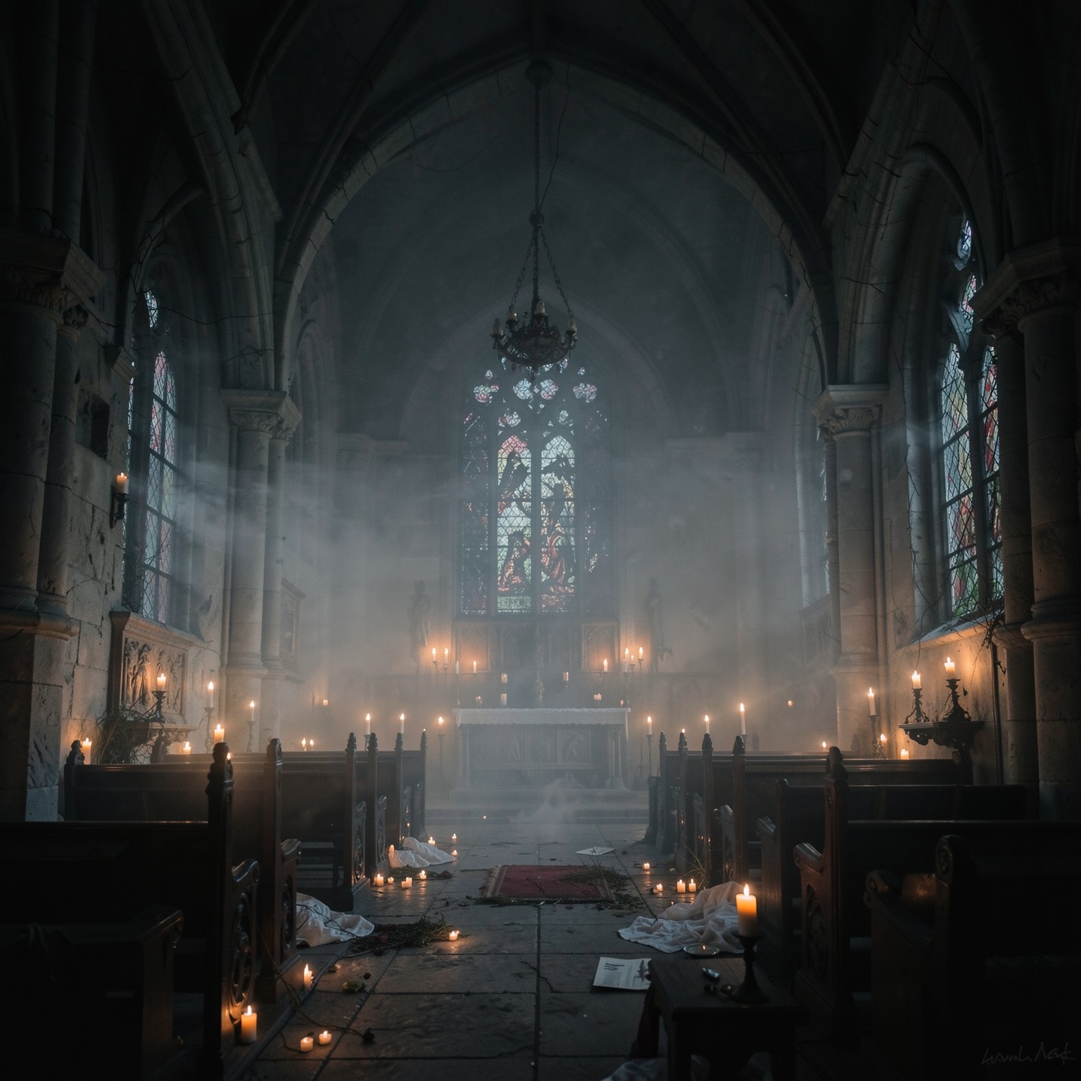 haunted church interior with candles and fog