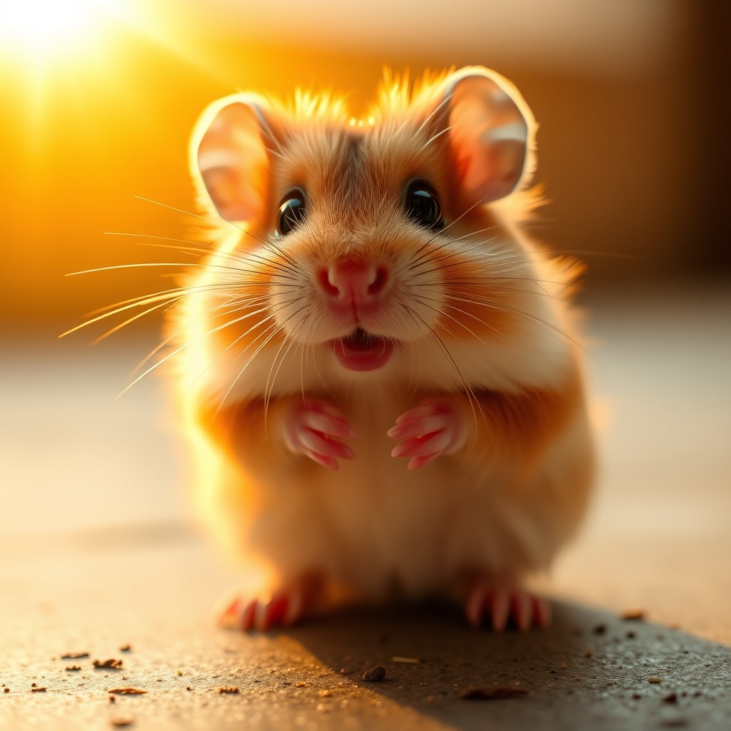 fluffy hamster, golden hour light, big sparkling eyes