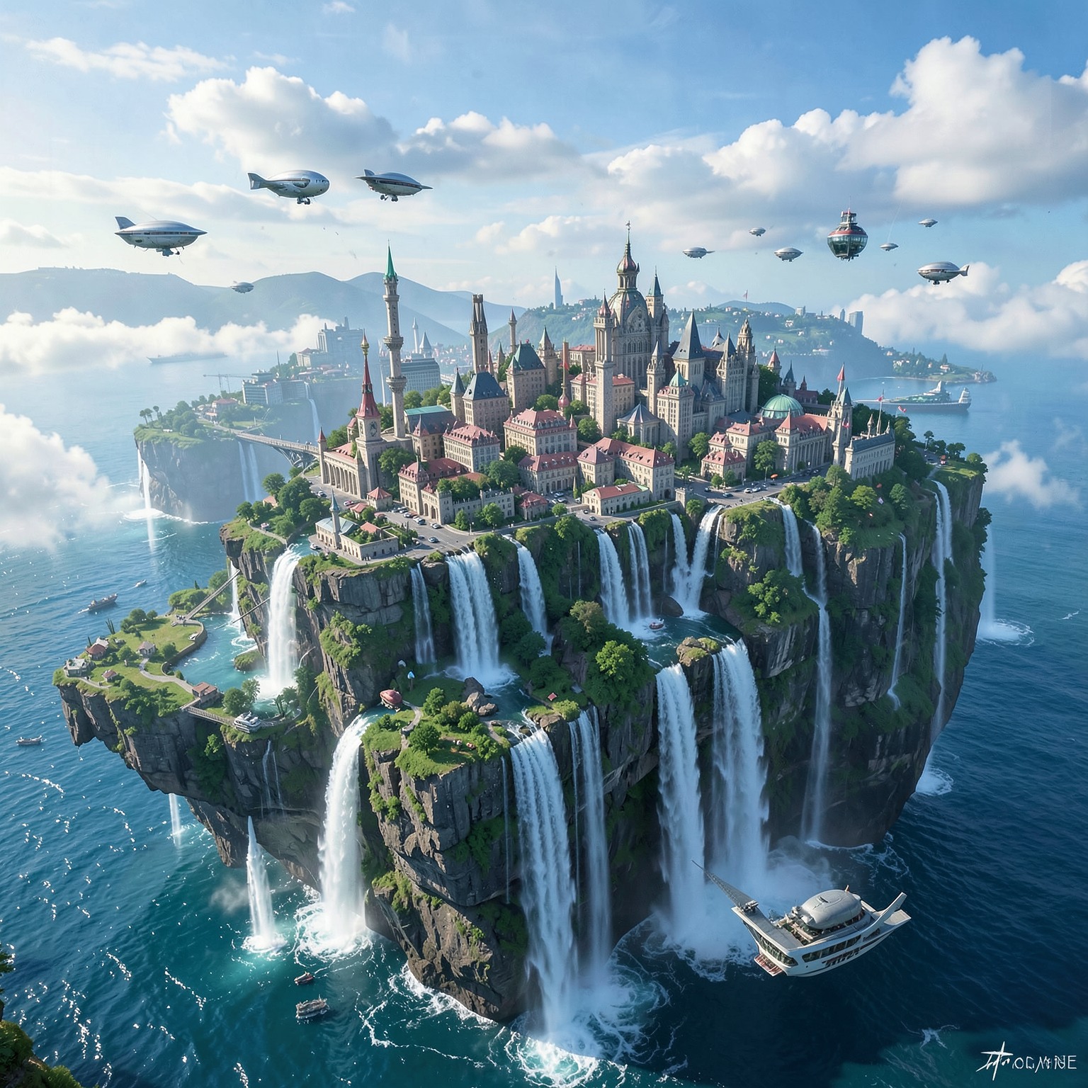 Floating island city with waterfalls and airships