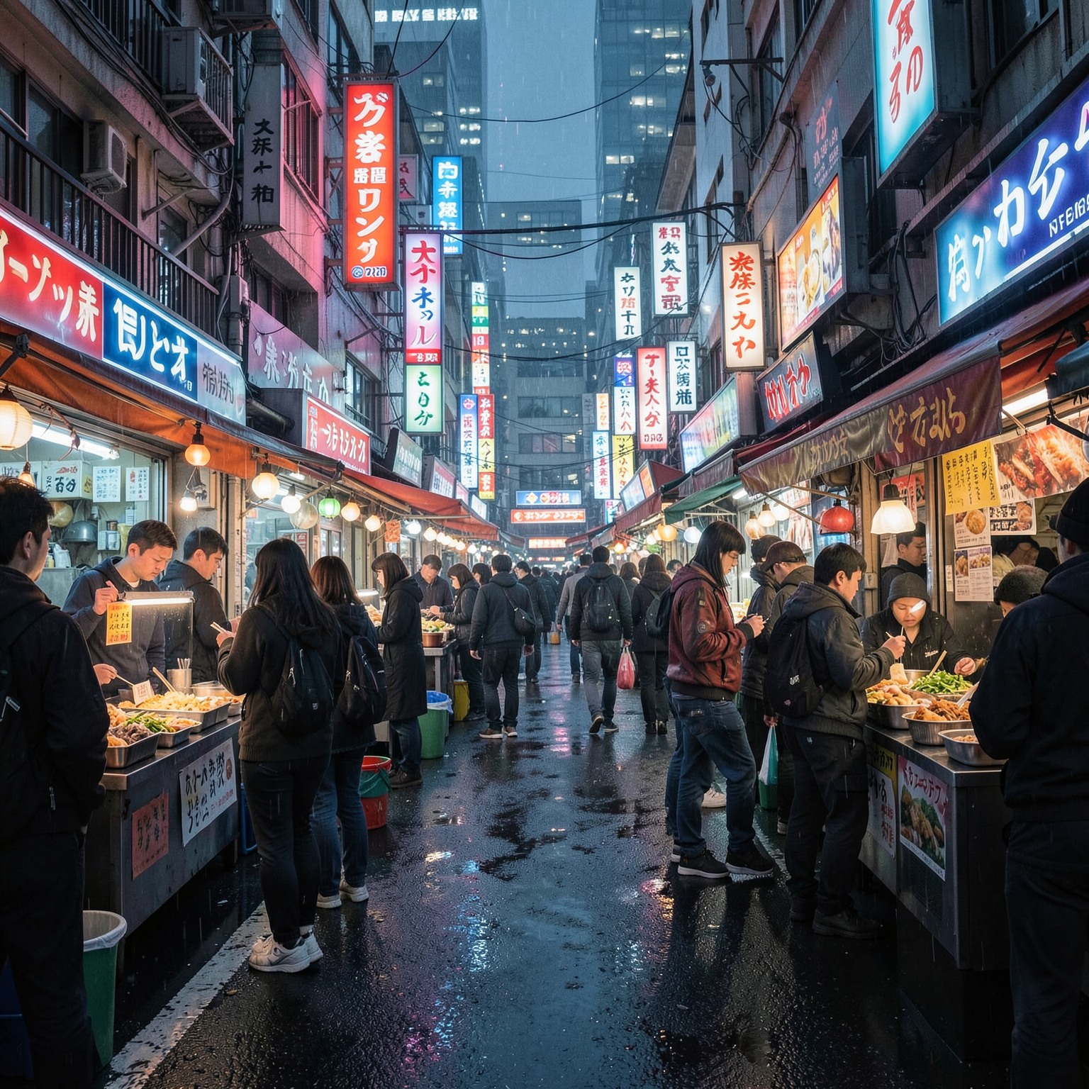 Cyberpunk street food market in Tokyo