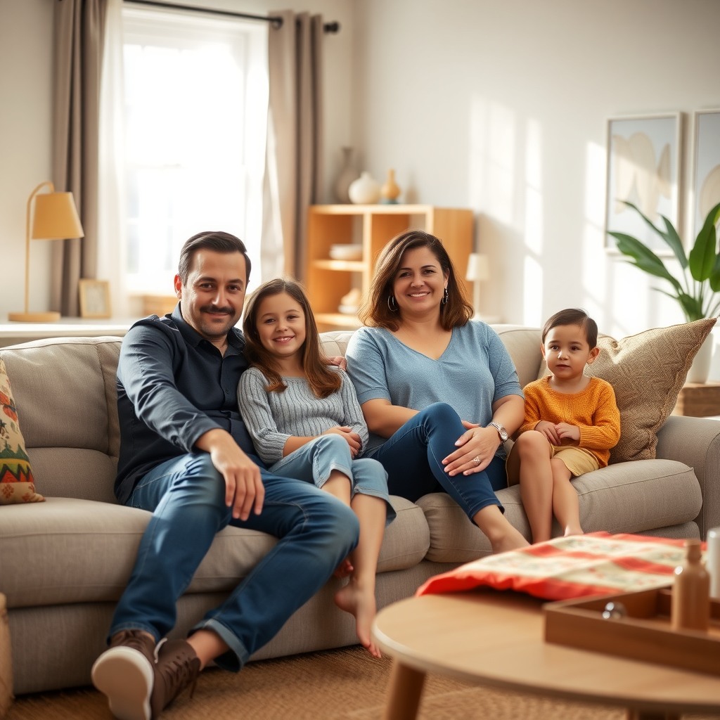 Photo-realistic editorial photography, realistic scene representing a family sitting in a bright living room, relaxed atmosphere, natural daylight, professional composition