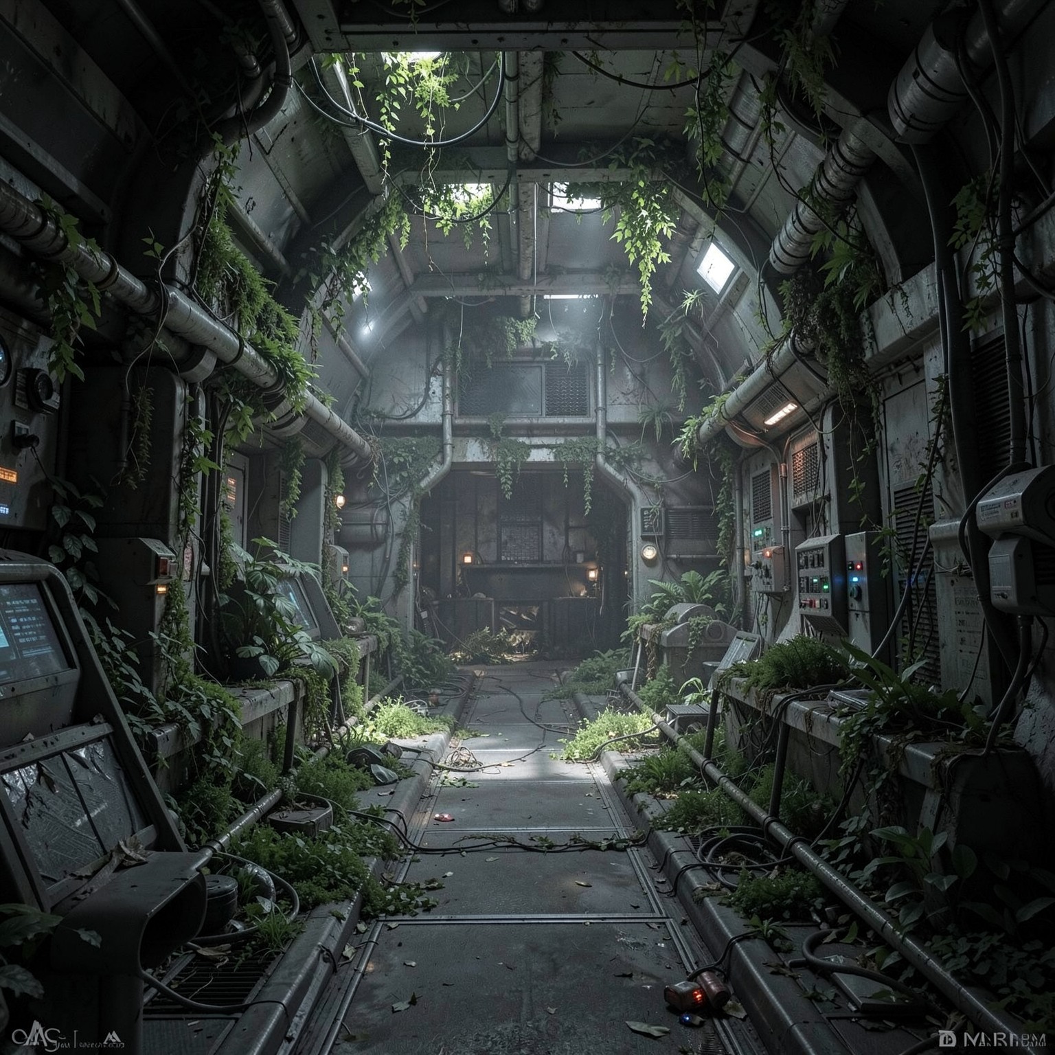 abandoned space station interior covered with plants and nature reclaiming technology