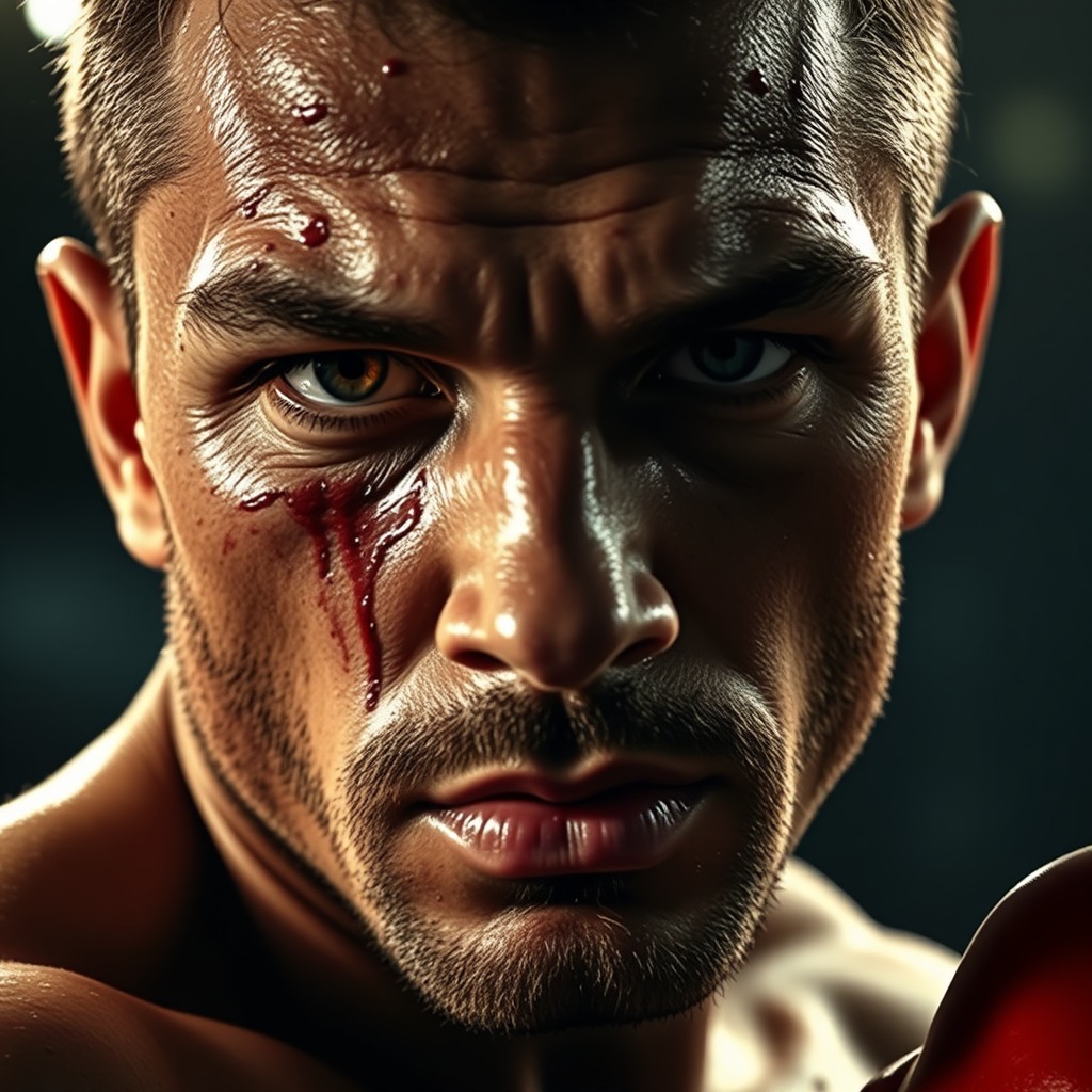 realistic portrait of a boxer, sweat and scars, dramatic side lighting
