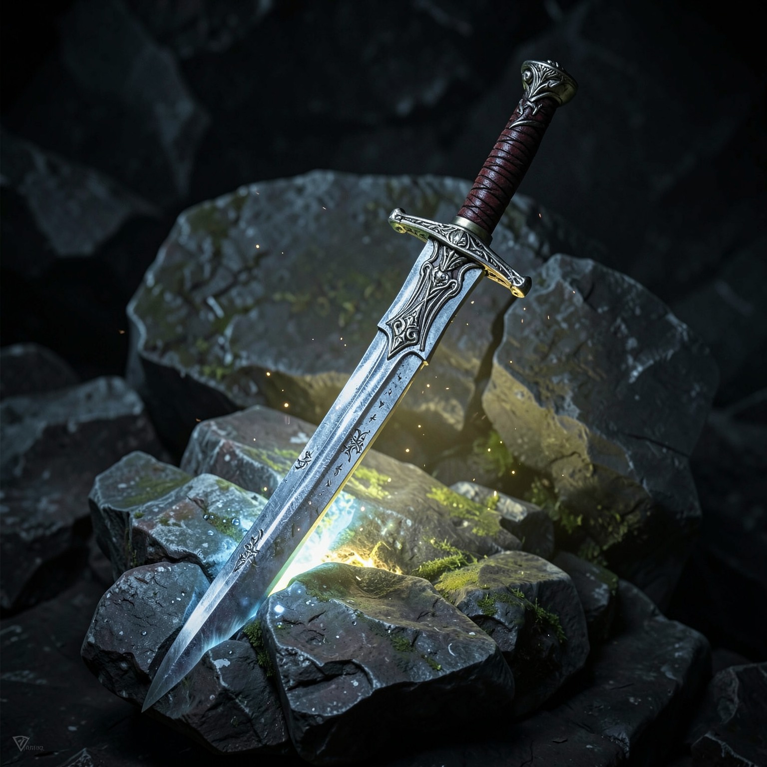 ultra detailed fantasy sword stuck in glowing stone