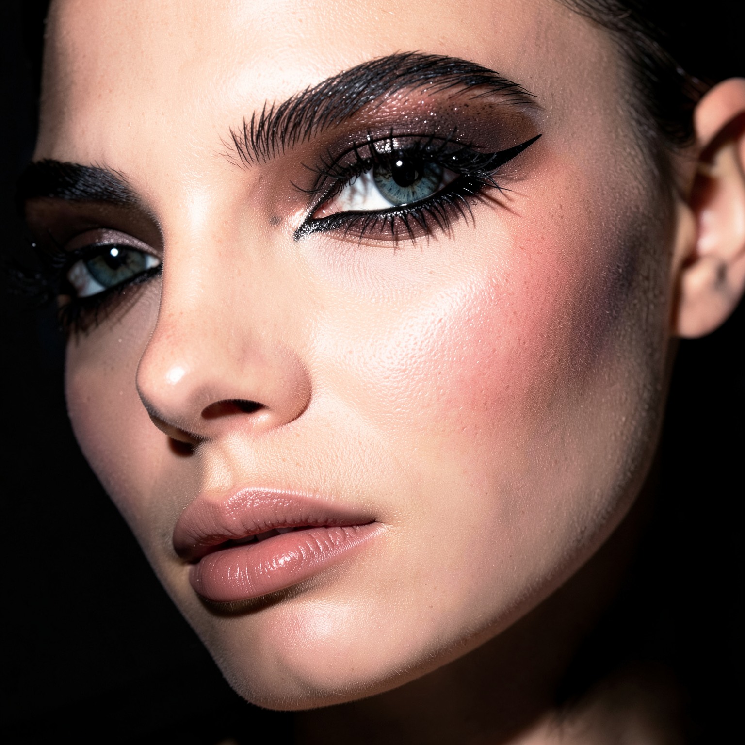 High-fashion close-up with sharp eyeliner and dramatic cheekbone lighting