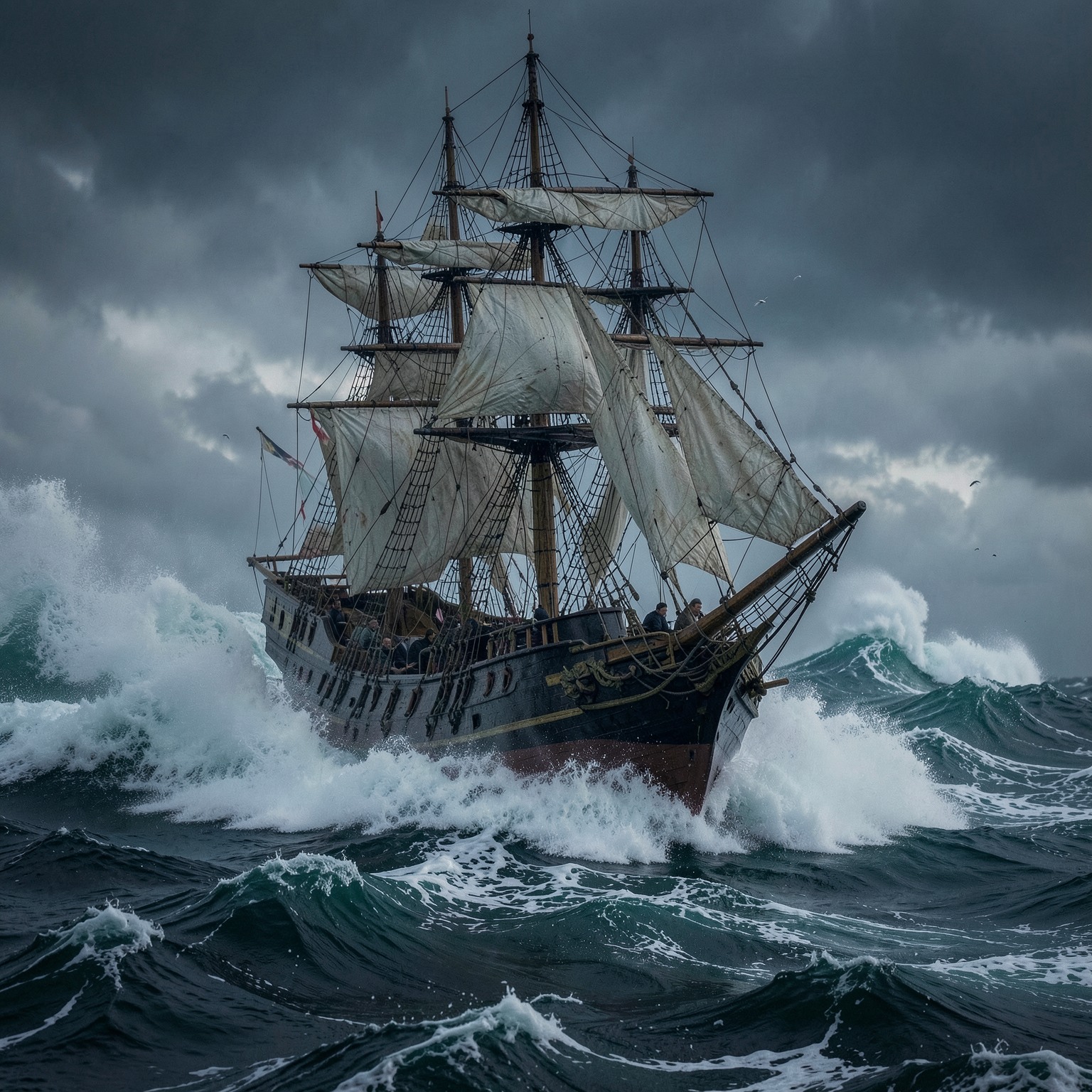 realistic pirate ship in giant storm waves, cinematic ocean scene