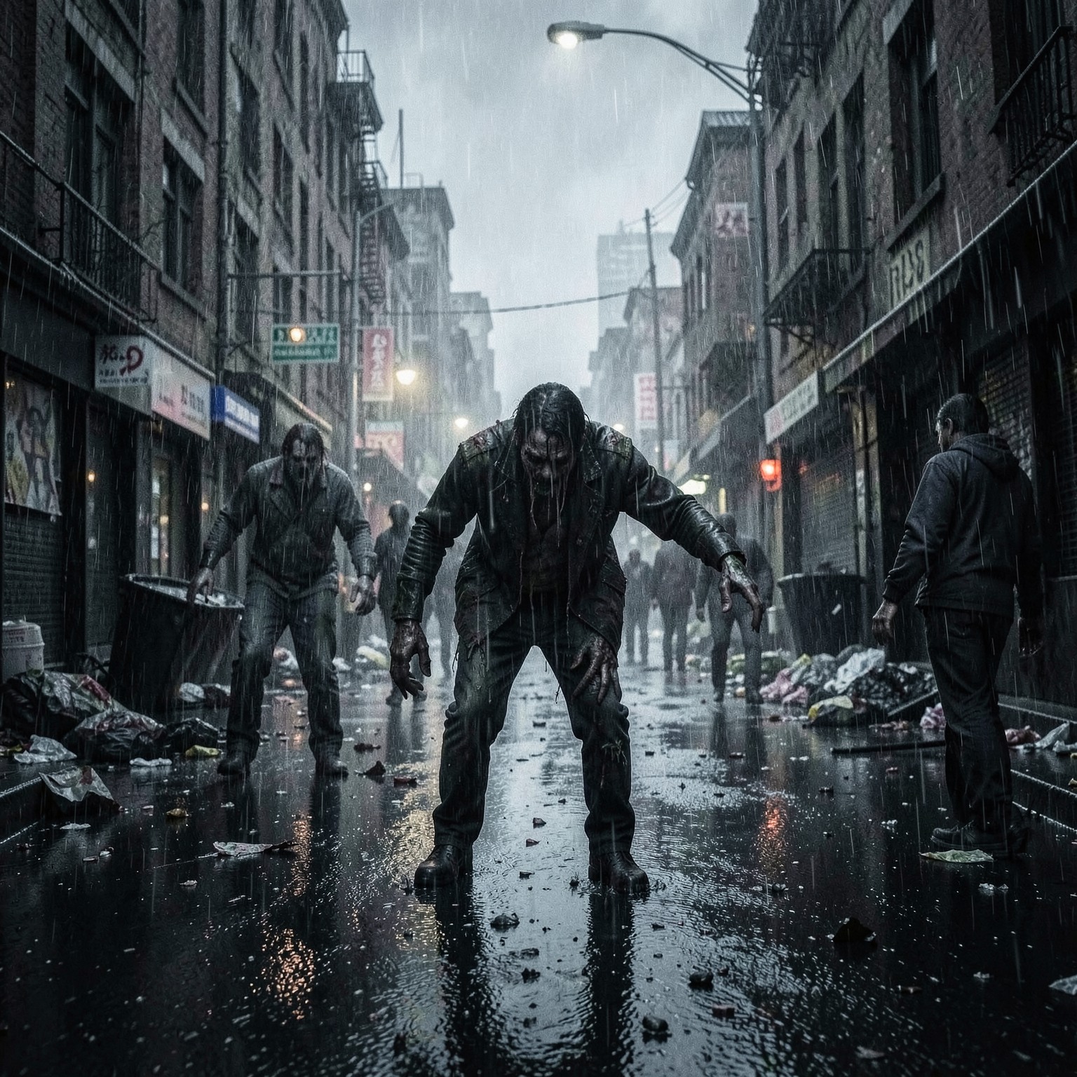 cinematic zombie apocalypse street scene in heavy rain