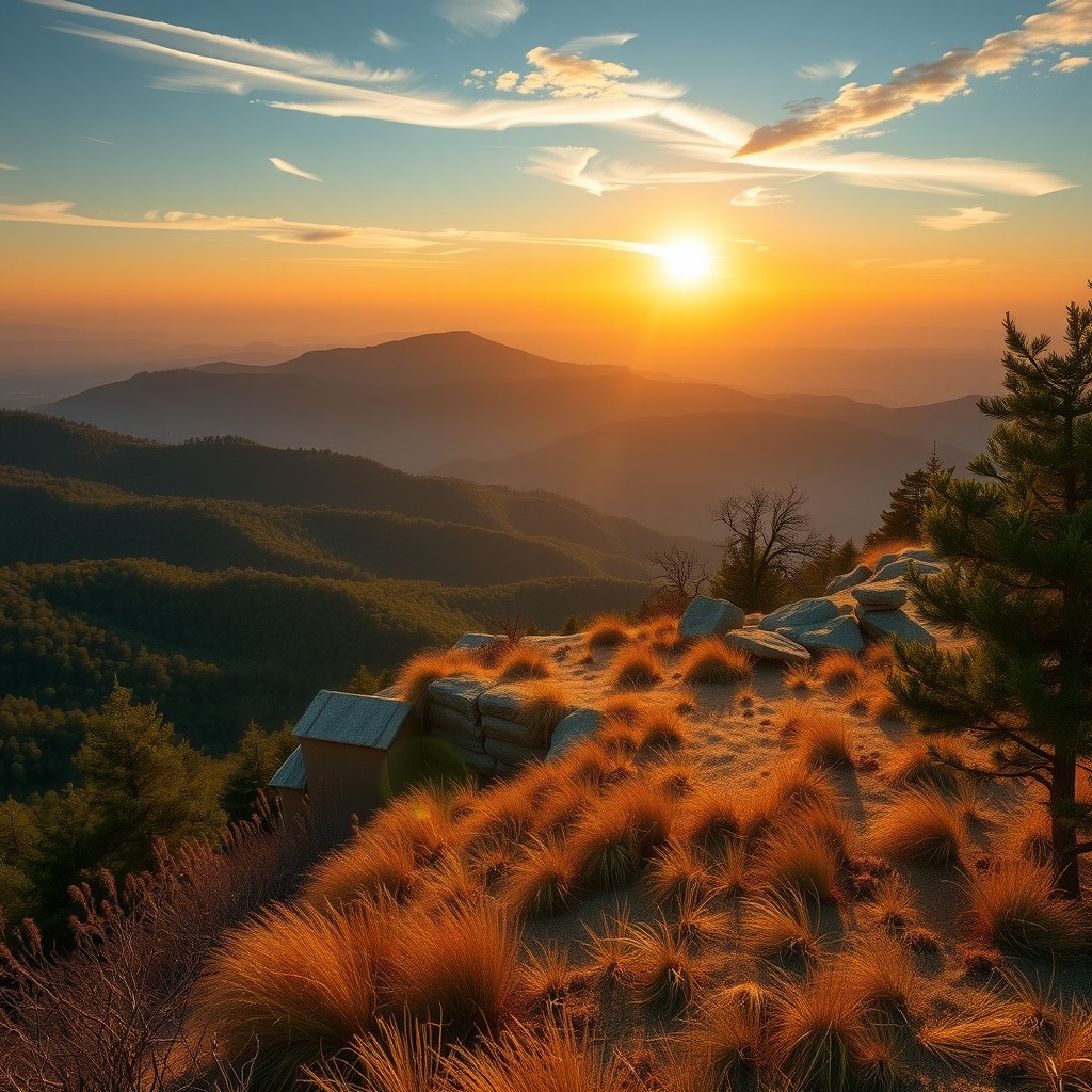 Photo-realistic editorial photography, realistic scene representing sunrise hills