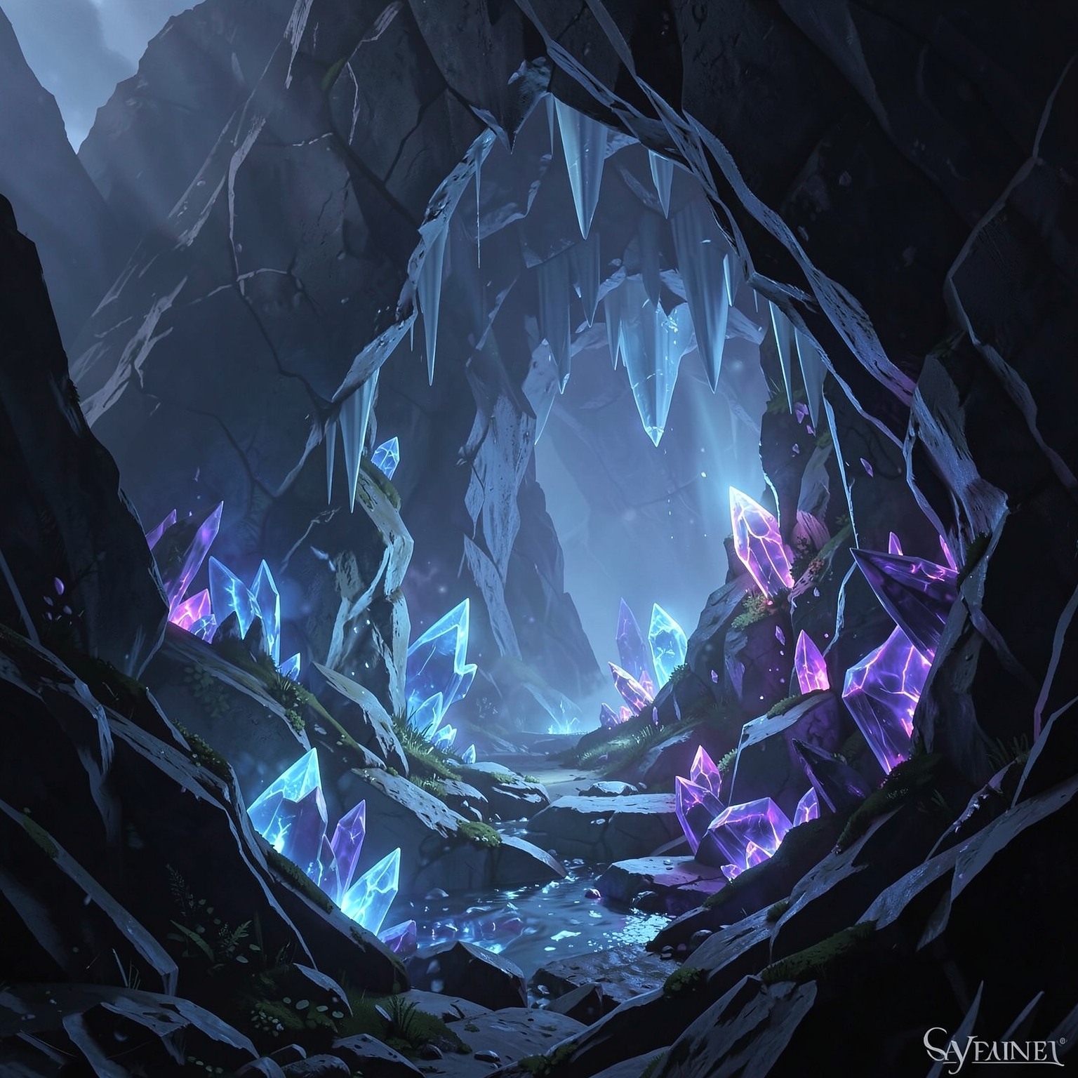 glowing crystal cave inside fantasy mountain