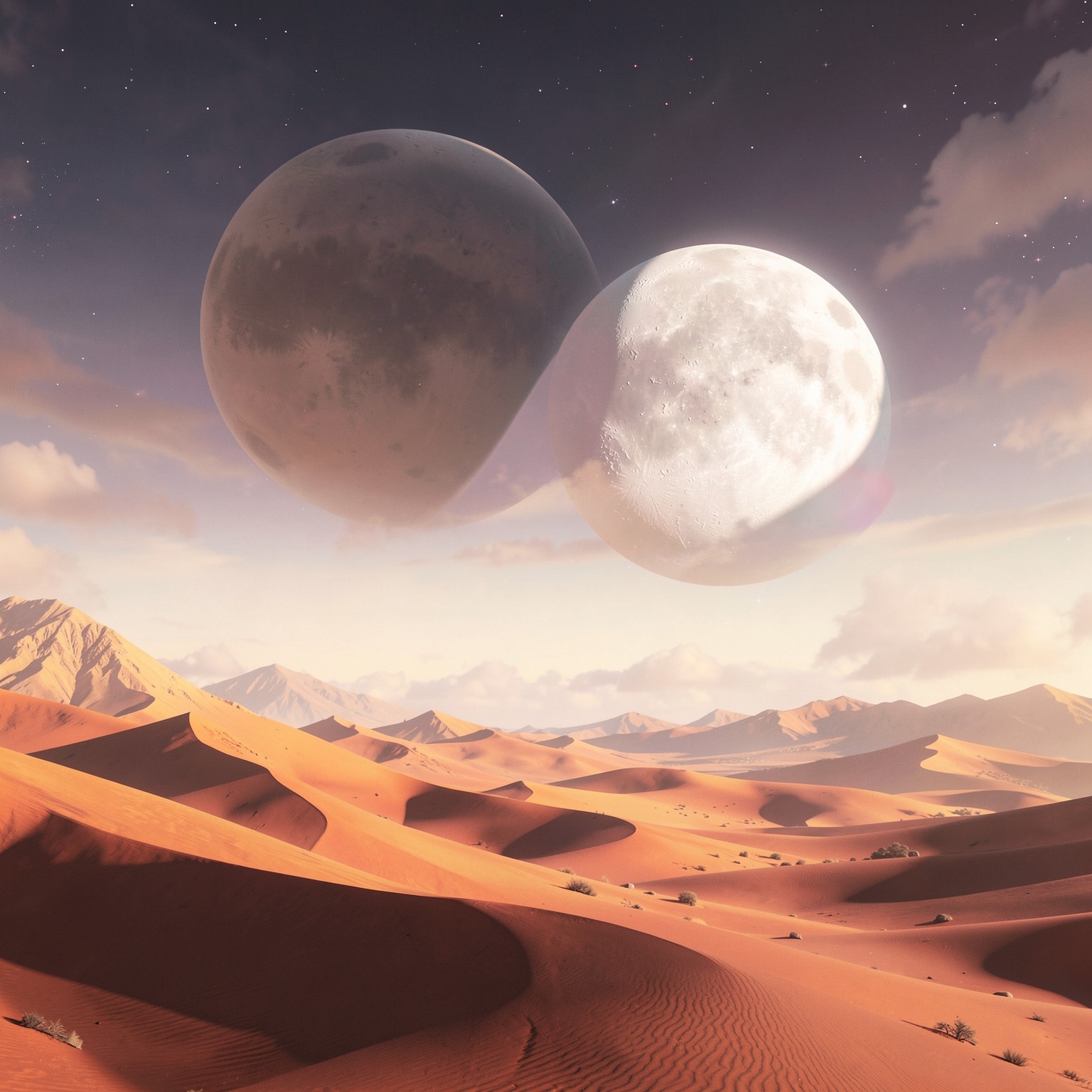 dreamlike surreal desert with giant floating moons