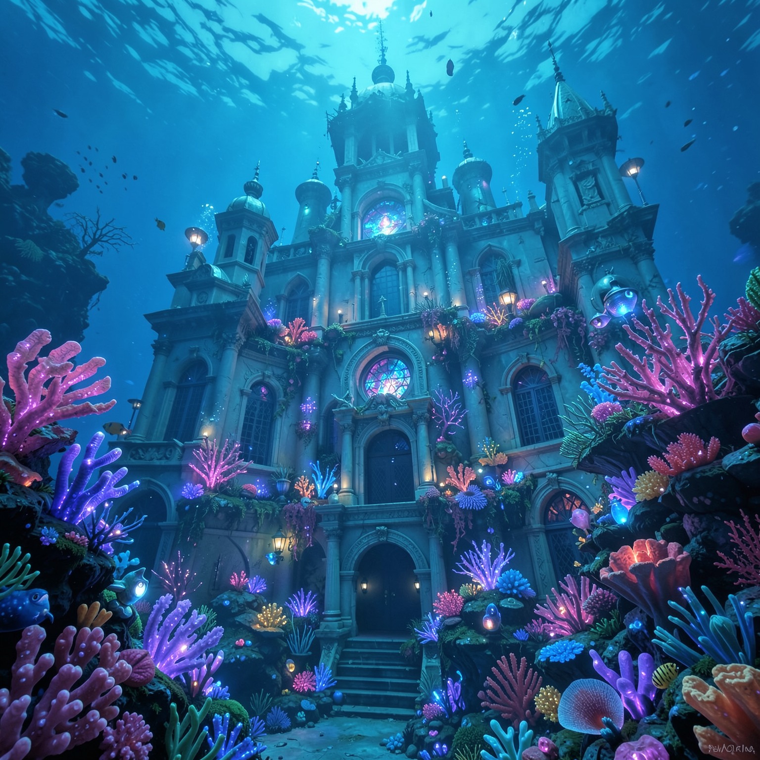 Giant underwater palace with glowing corals