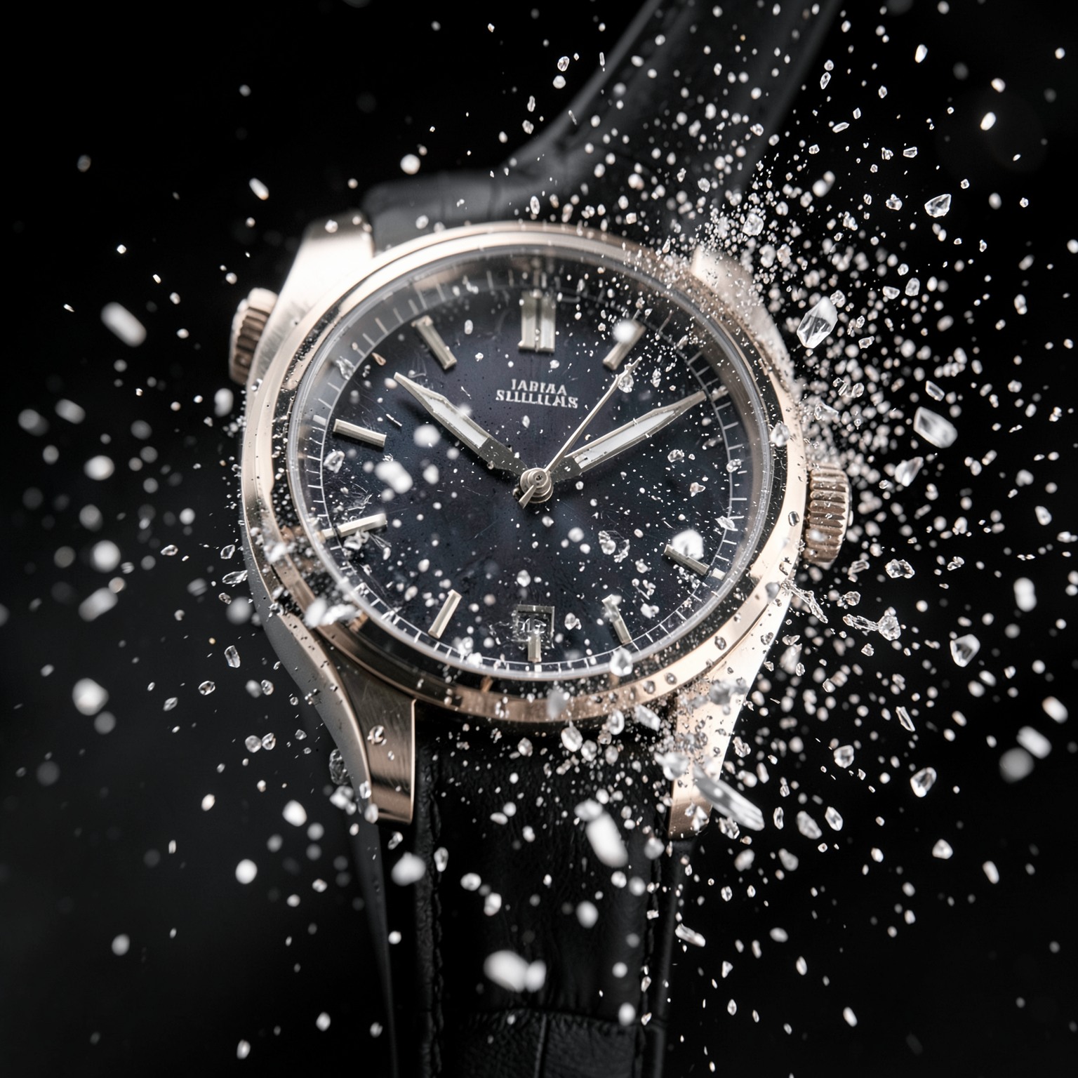 Luxury watch exploding into particles, macro photography