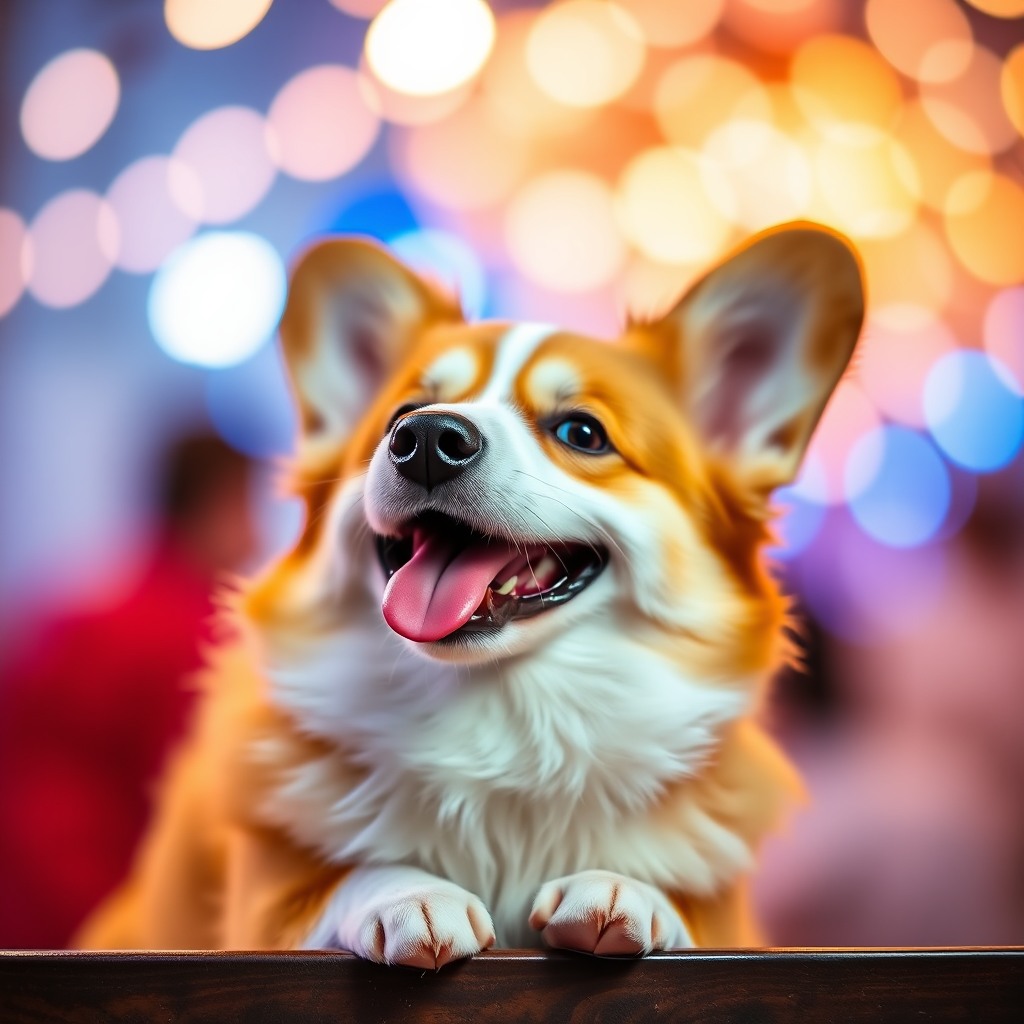 happy corgi, bokeh background, kawaii aesthetic