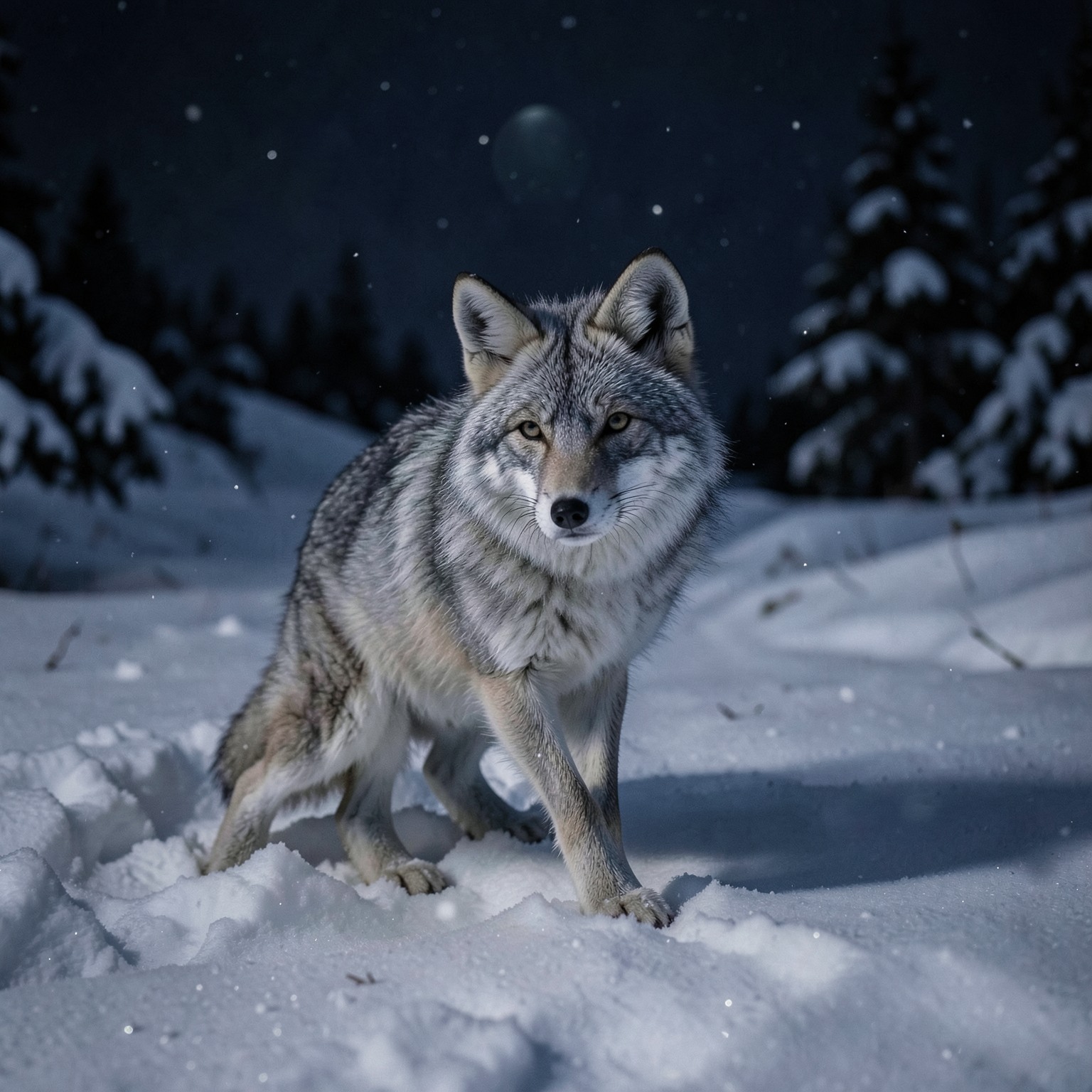 realistic arctic fox in snowy landscape at night