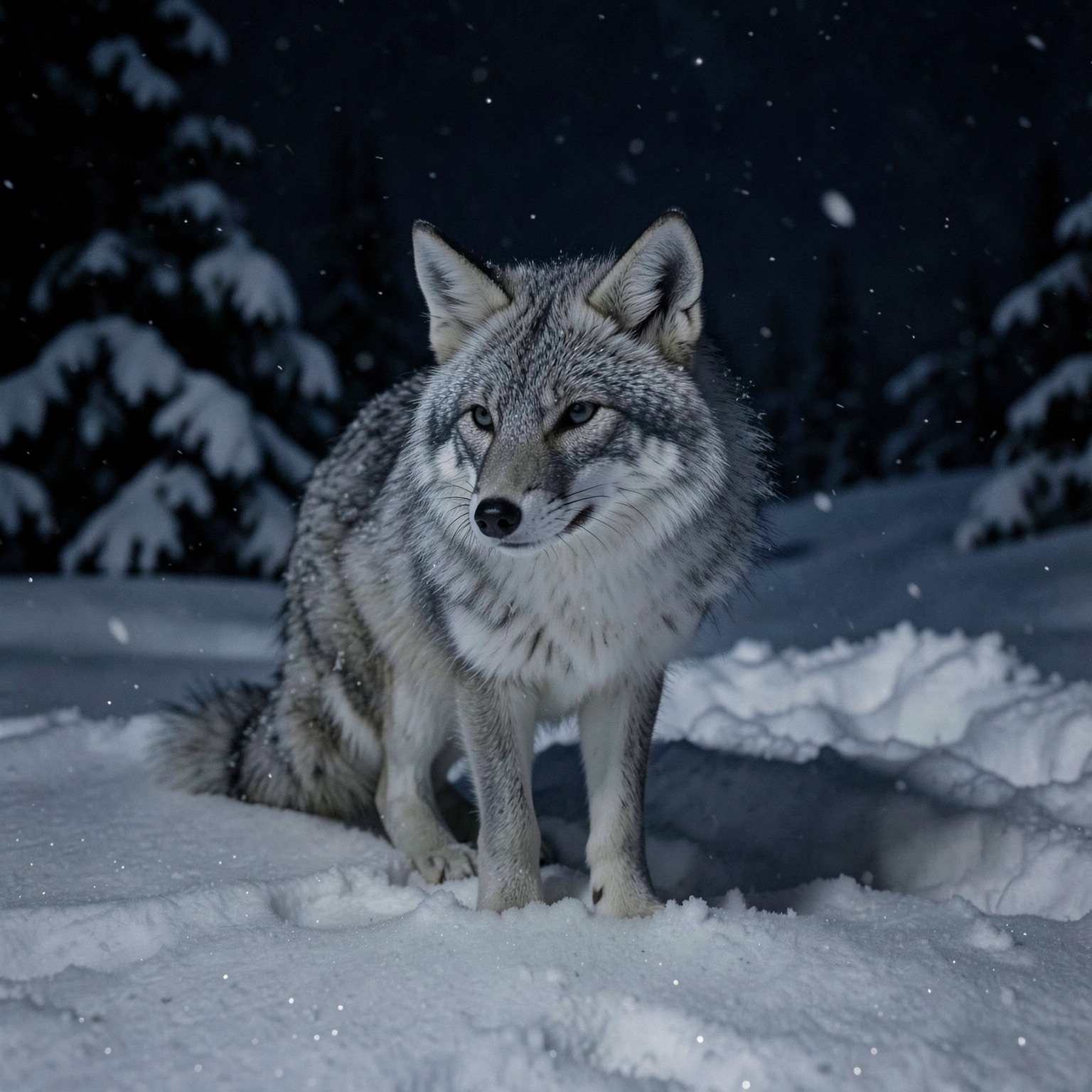 realistic arctic fox in snowy landscape at night