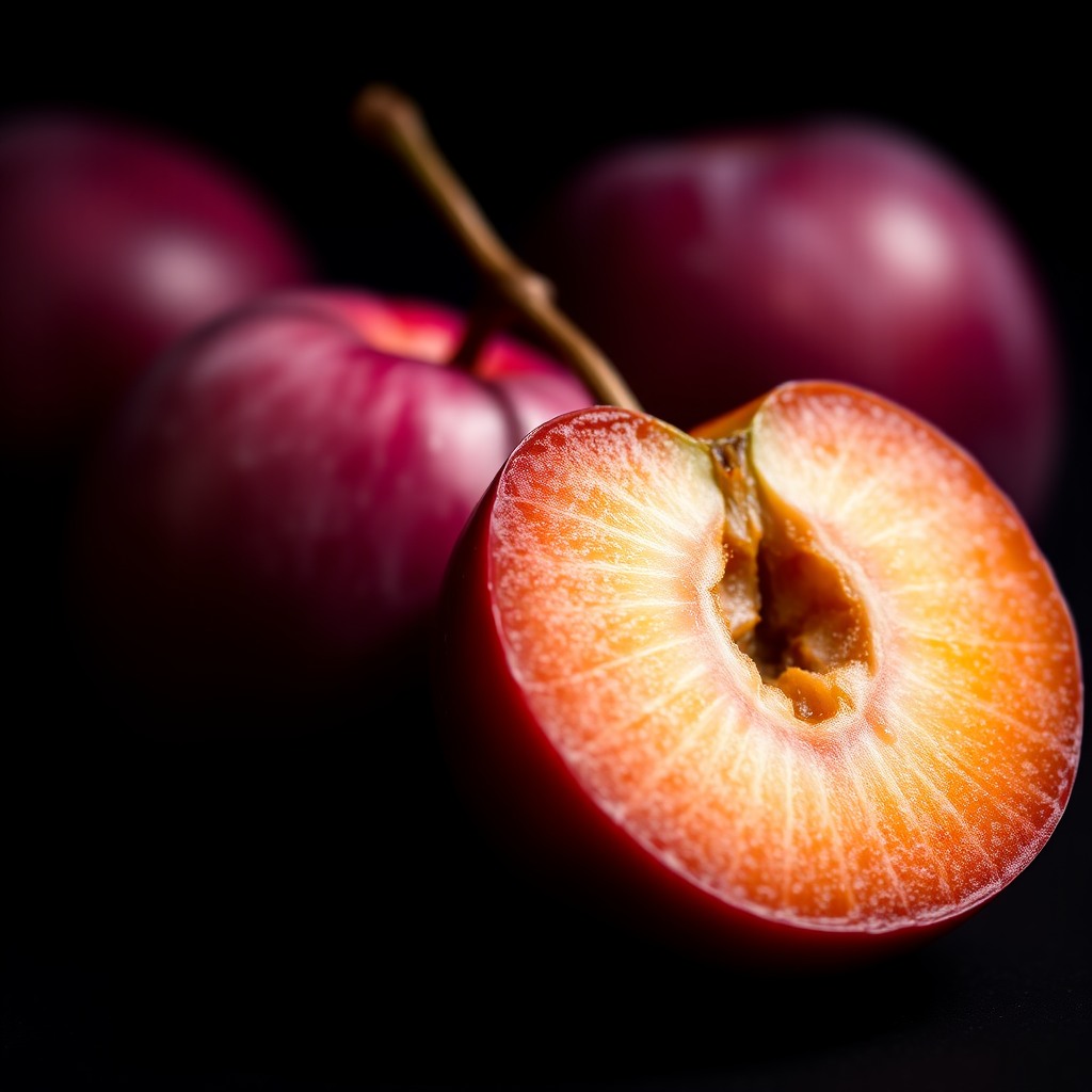 plum fruit macro, dark background, studio lighting