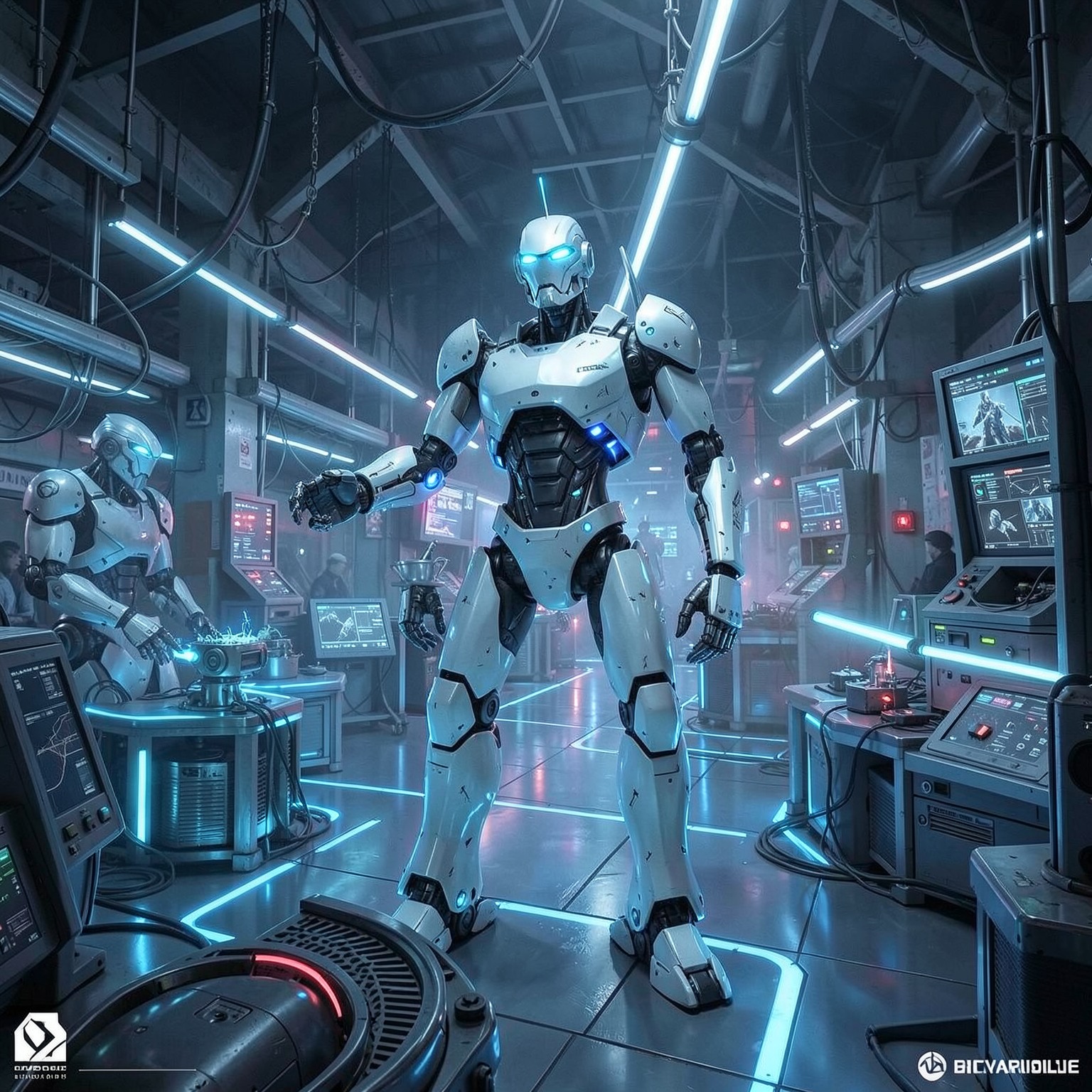 Futuristic robot factory with glowing assembly lines