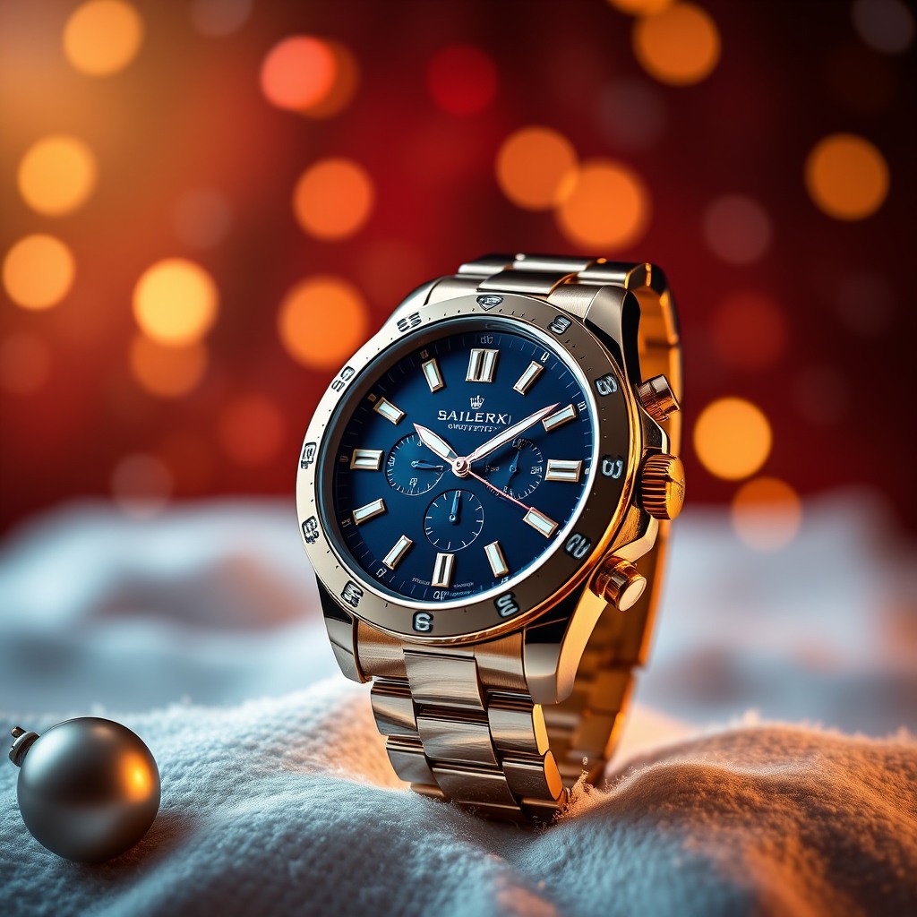 luxury watch christmas ad, festive background, studio lighting