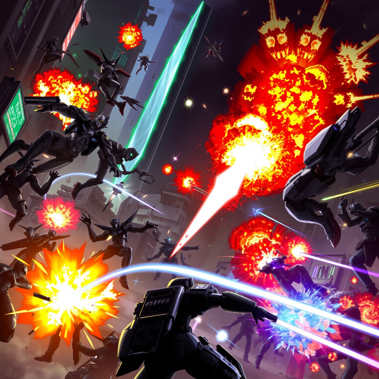 A dynamic futuristic battle scene featuring humans and robots with explosions in an urban environment.