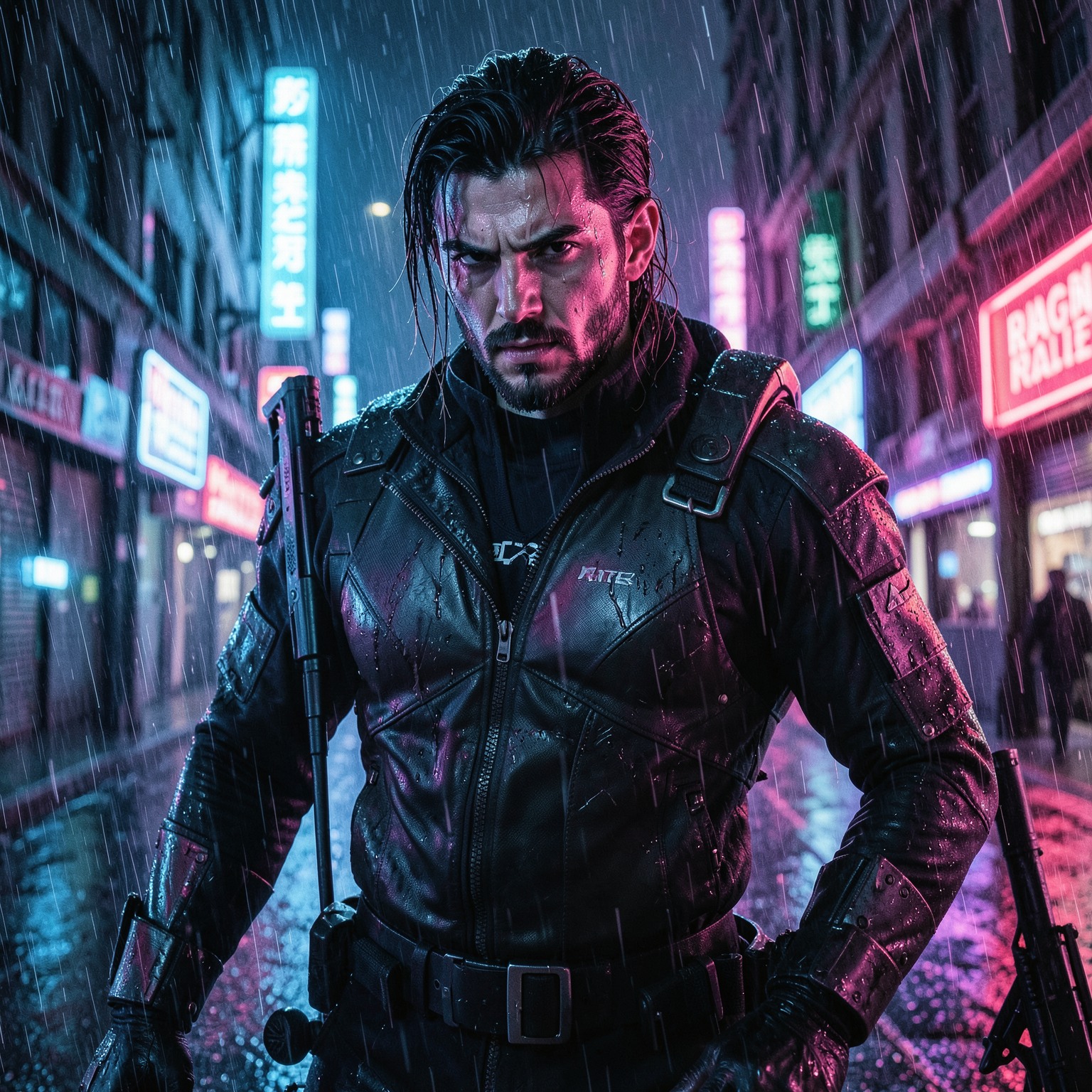 Cyberpunk assassin in neon rain, cinematic portrait