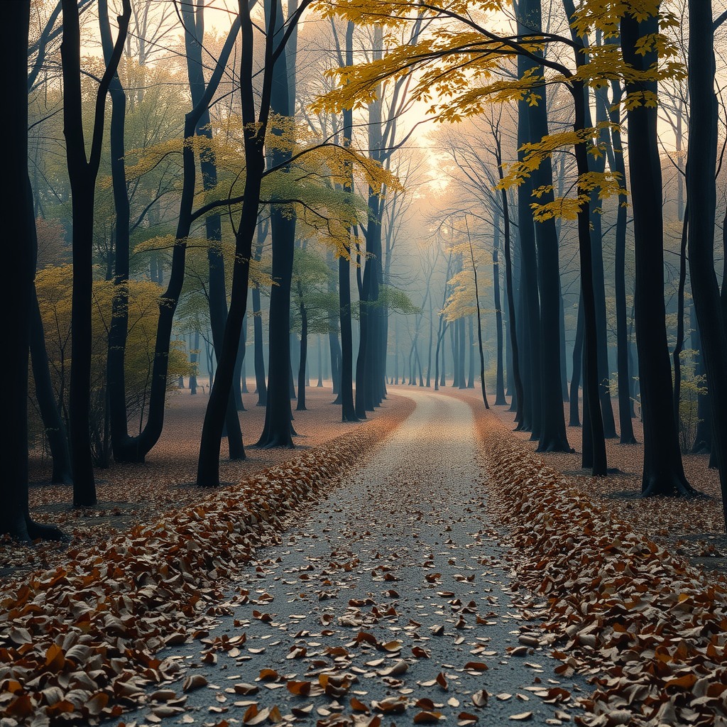 Realistic photograph of a tranquil forest path covered with fallen leaves, soft morning light