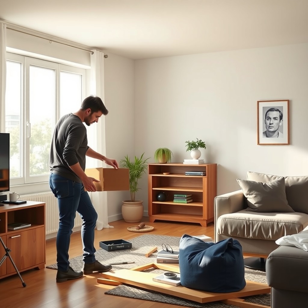 Photo-realistic editorial photography, realistic scene representing a man assembling furniture in new apartment, natural daylight