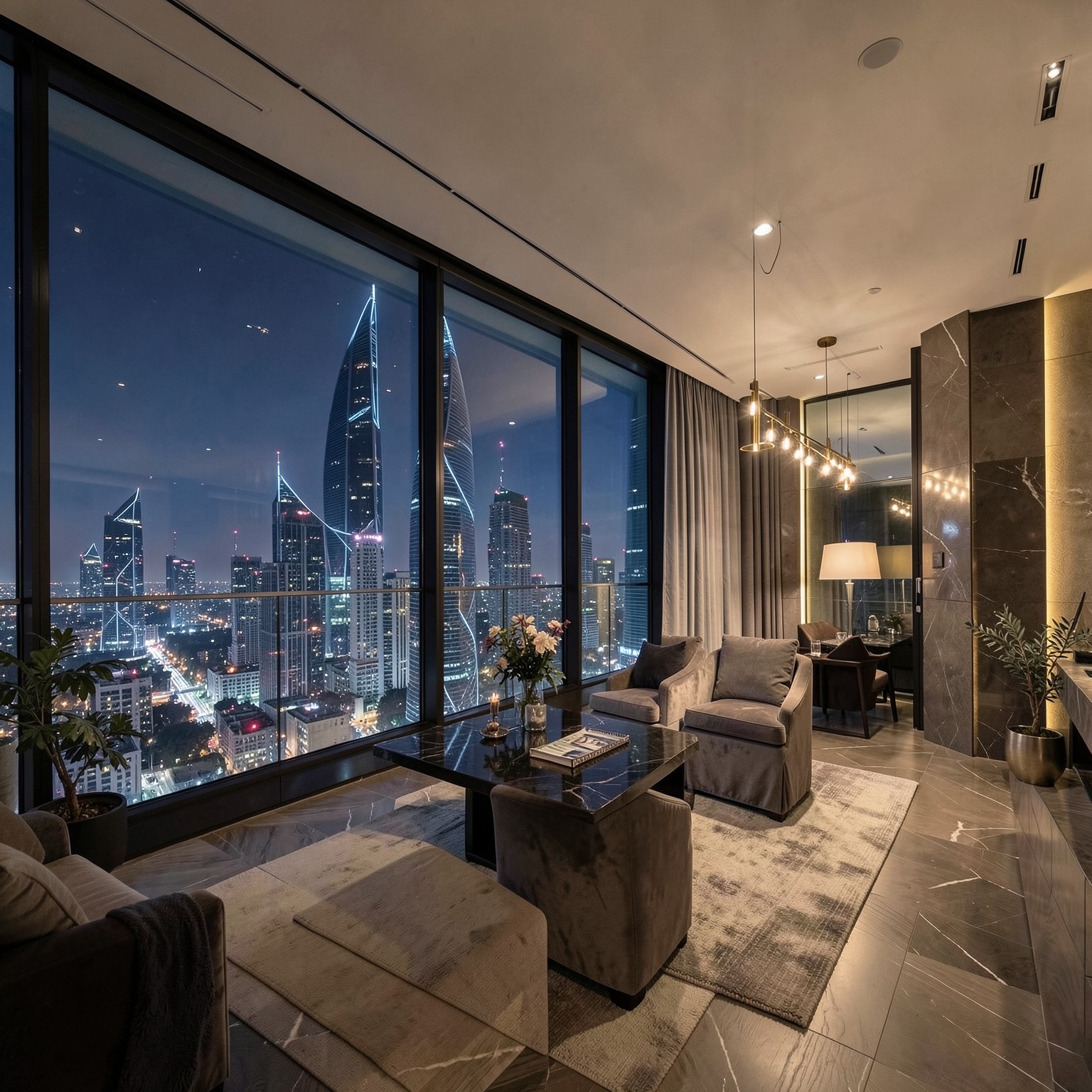 luxury penthouse interior overlooking futuristic skyline at night
