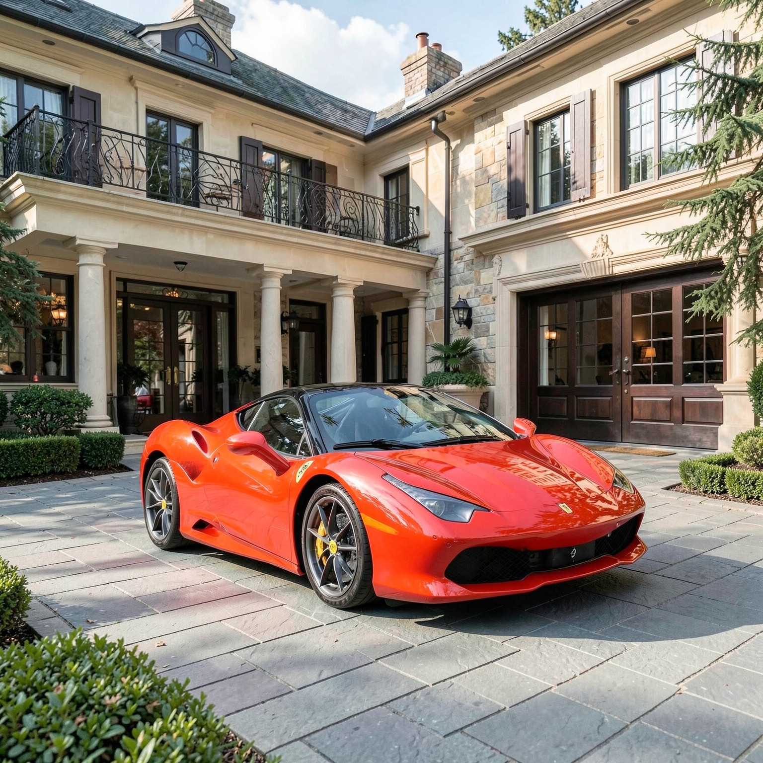 hyper realistic Ferrari parked in luxury mansion driveway